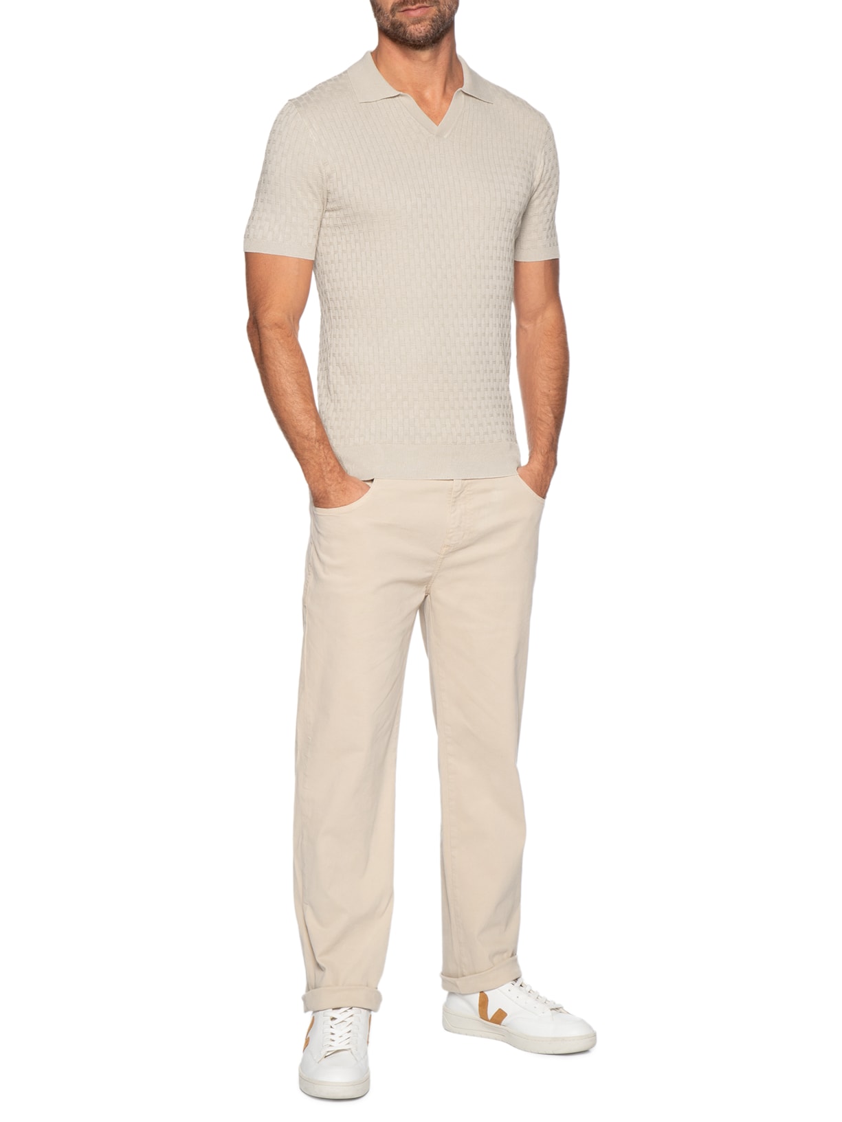 Polo Masculina Em Tricot Com Gola Colômbia  Bege Basiq Men