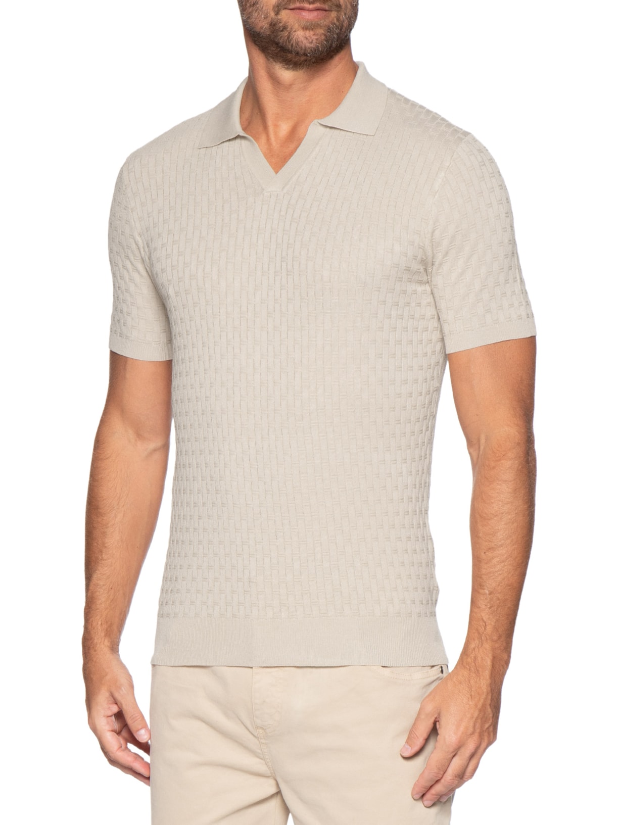 Polo Masculina Em Tricot Com Gola Colômbia  Bege Basiq Men