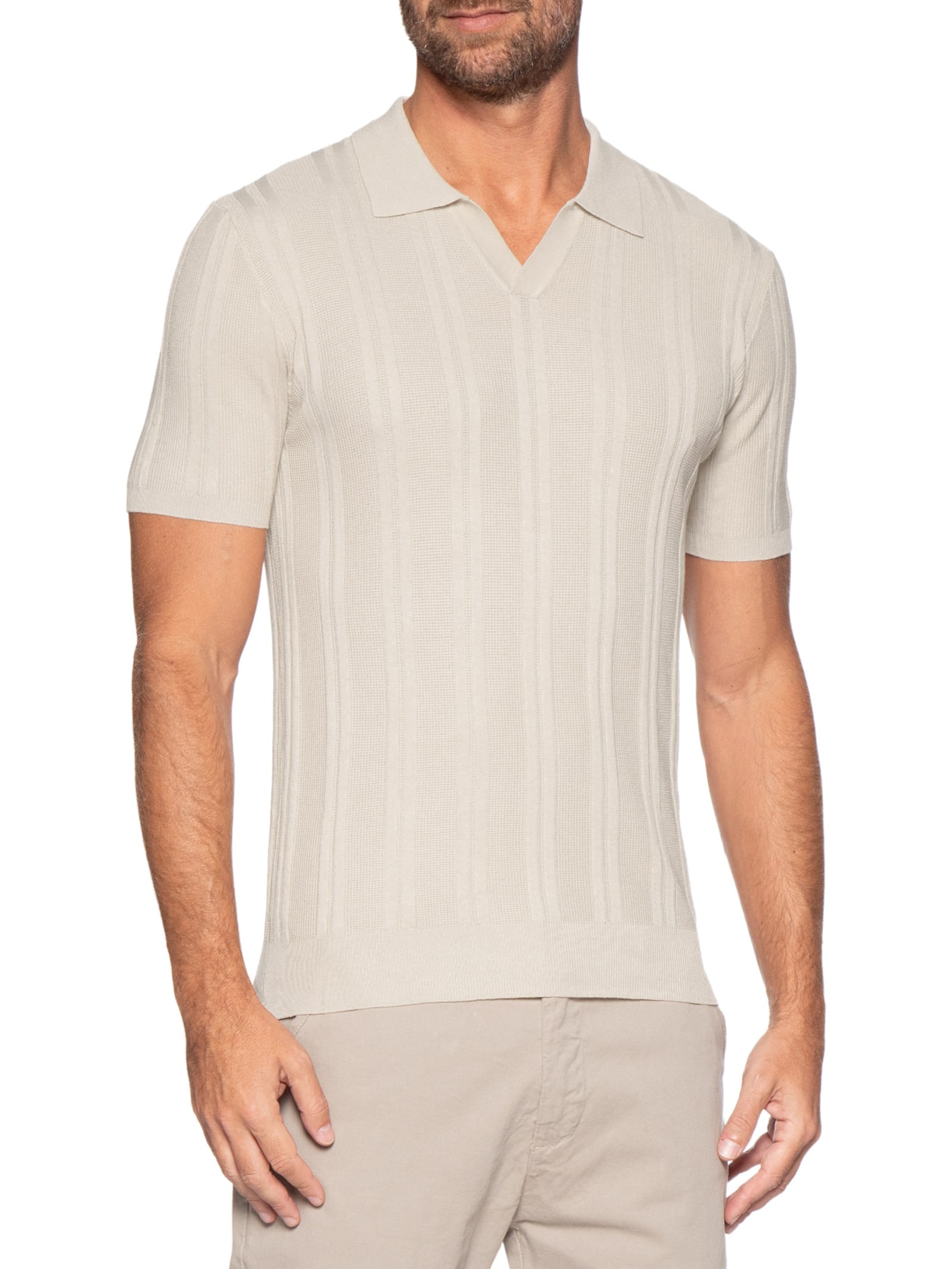 Polo Masculina Em Tricot Com Gola Colômbia  Bege Basiq Men