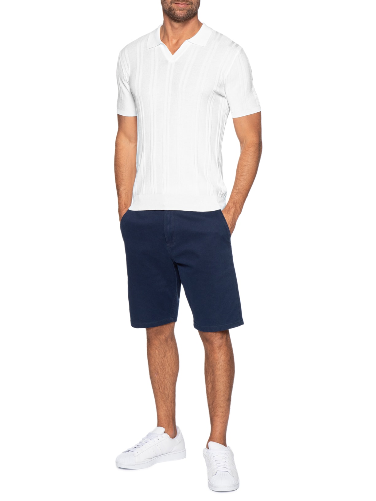 Polo Masculina Em Tricot Com Gola Colômbia  Branco Basiq Men
