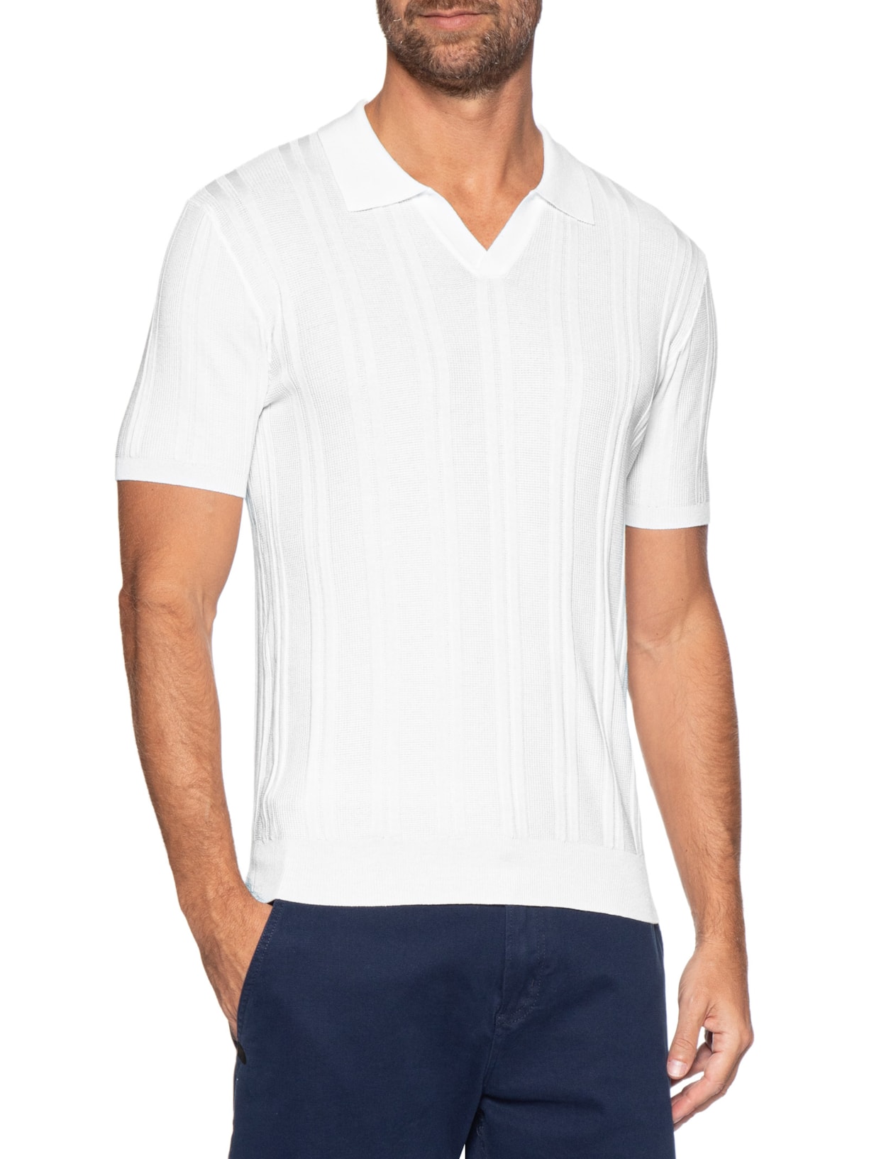 Polo Masculina Em Tricot Com Gola Colômbia  Branco Basiq Men