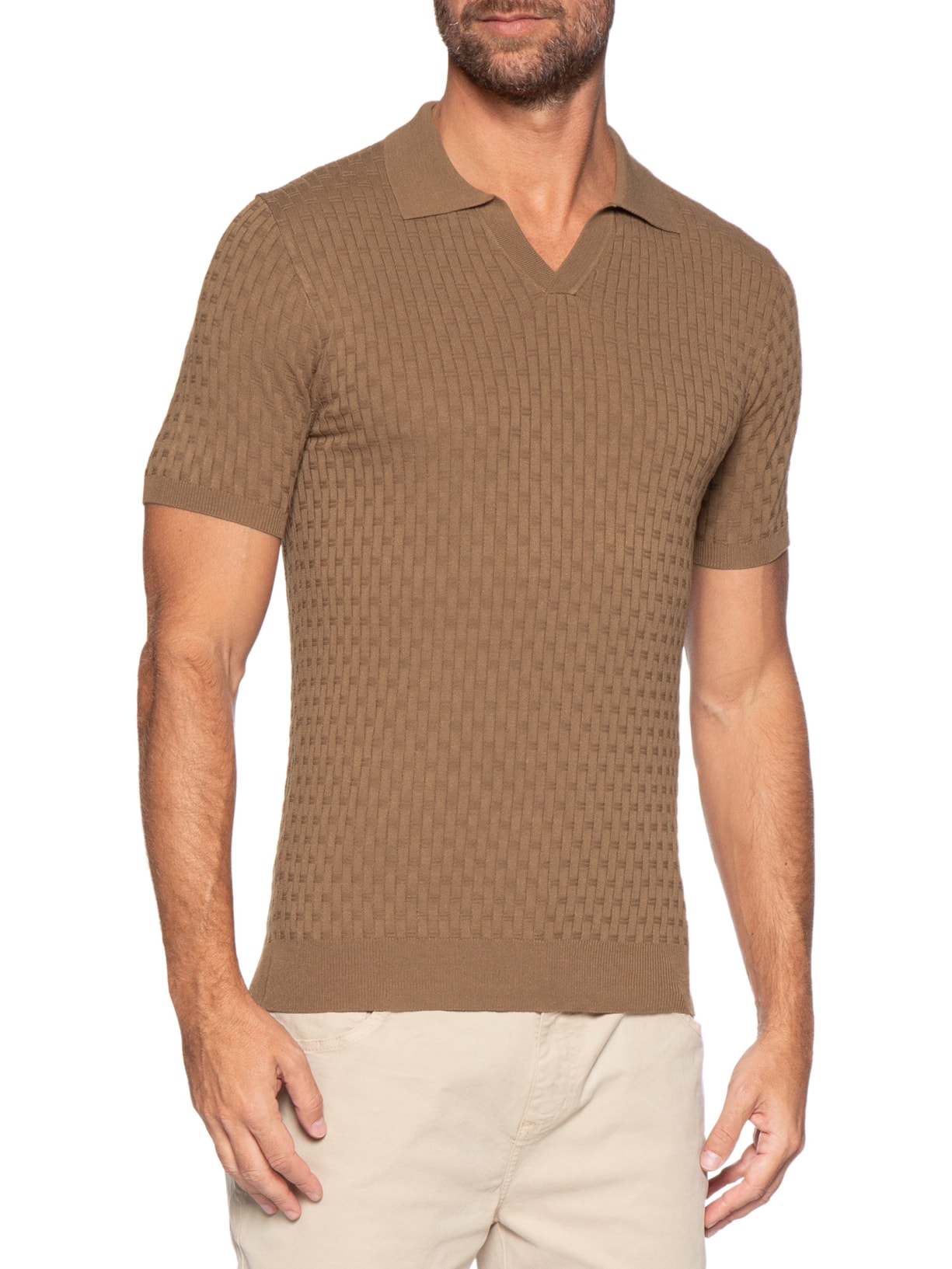 Polo Masculina Em Tricot Com Gola Colômbia  Marrom Basiq Men