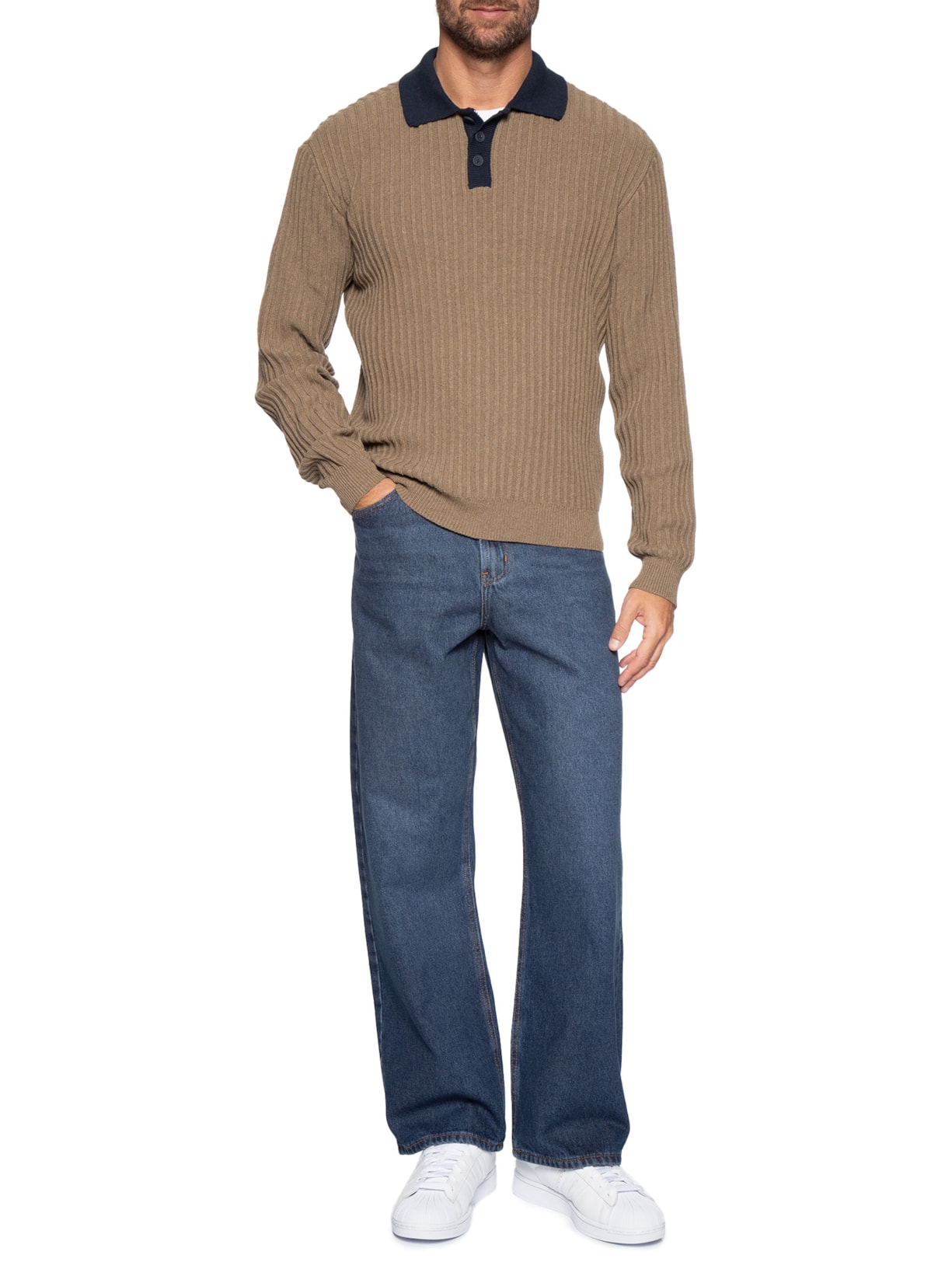 Polo Masculina Em Tricot Com Manga Longa Marrom Hering