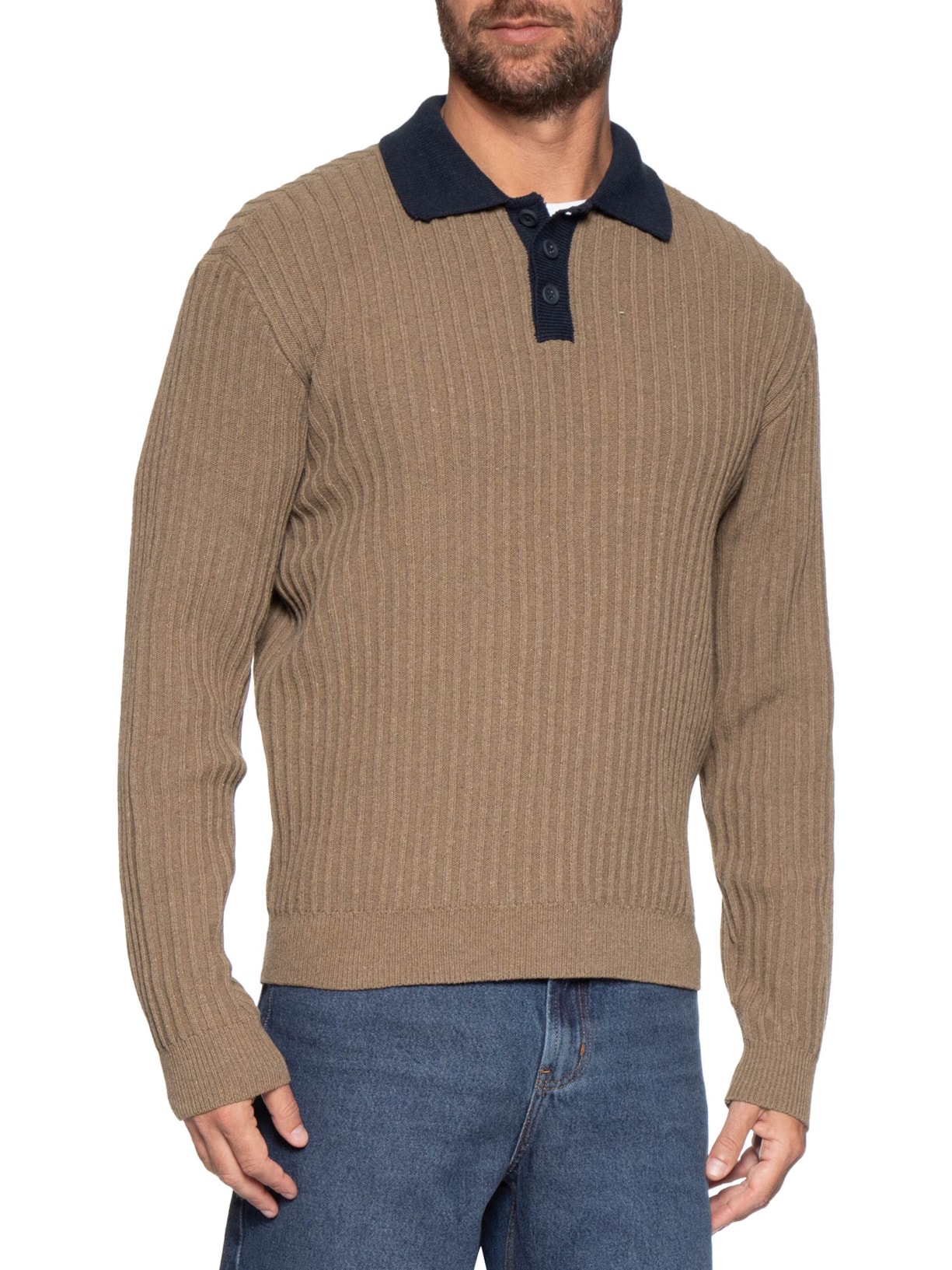 Polo Masculina Em Tricot Com Manga Longa Marrom Hering