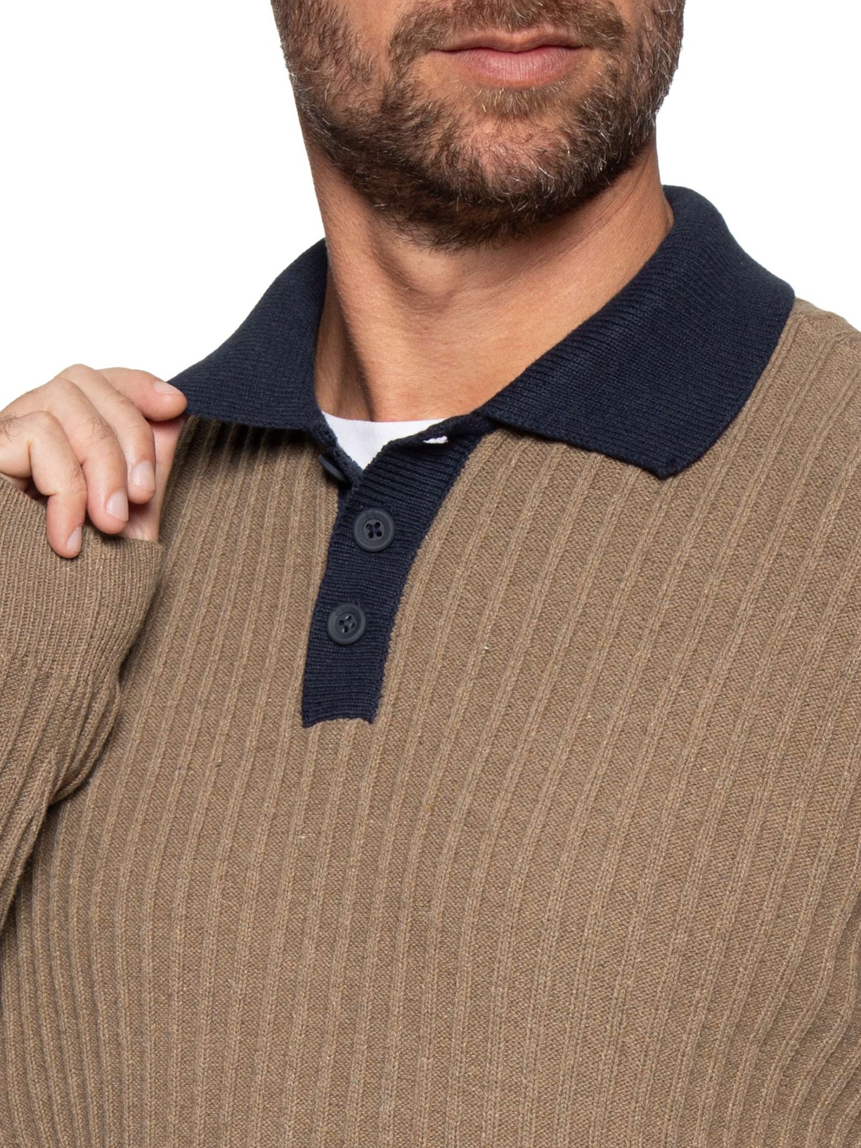 Polo Masculina Em Tricot Com Manga Longa Marrom Hering