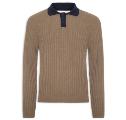 Polo Masculina Em Tricot Com Manga Longa - Marrom