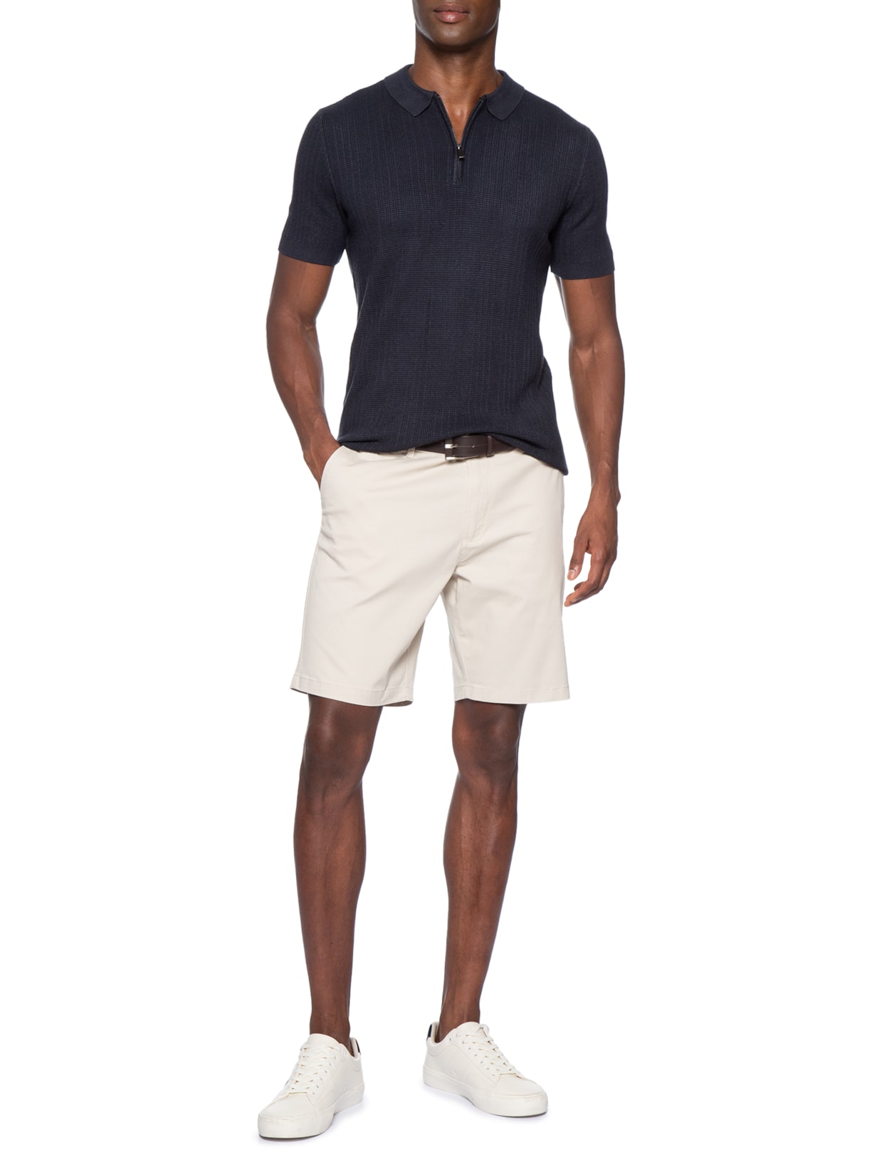 Polo Masculina Em Tricot Com Meio Zíper Azul '2 Essential