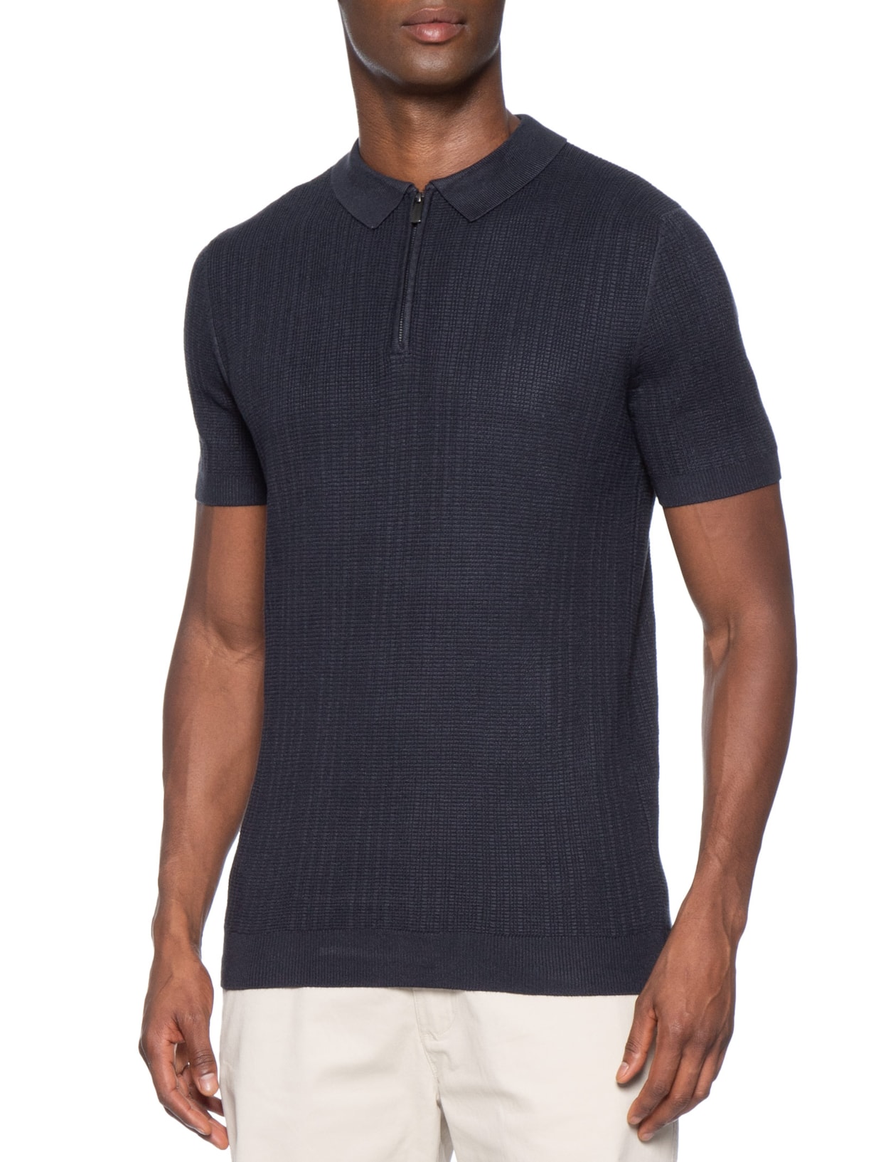 Polo Masculina Em Tricot Com Meio Zíper Azul '2 Essential