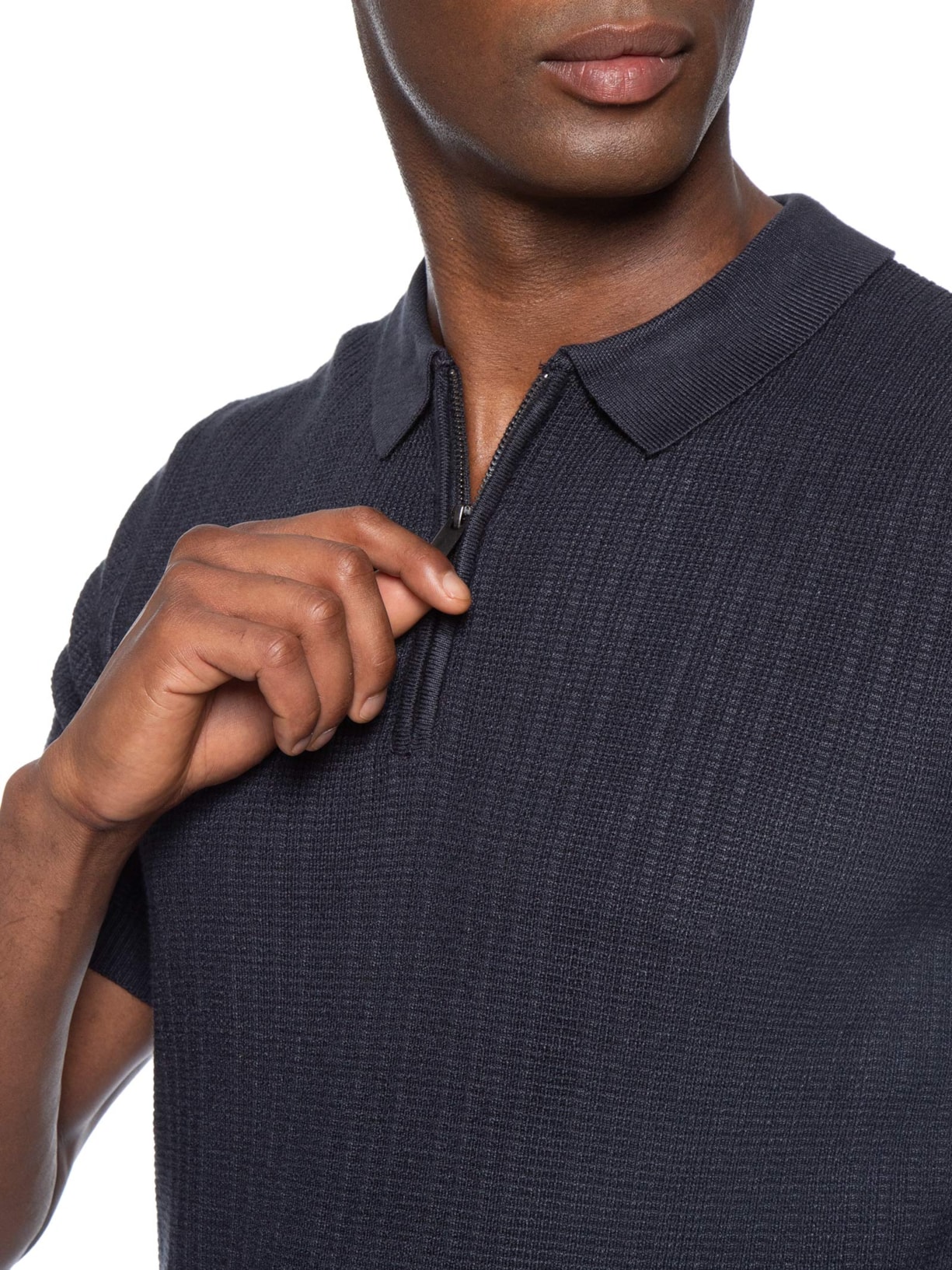 Polo Masculina Em Tricot Com Meio Zíper Azul '2 Essential