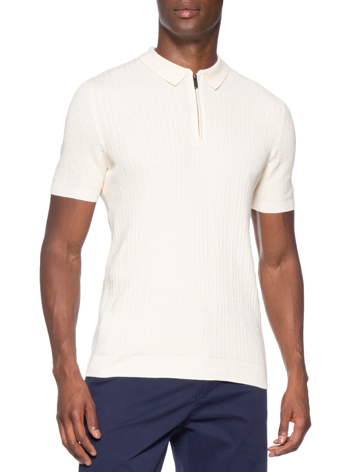Polo Masculina Em Tricot Com Meio Zíper Bege '2 Essential