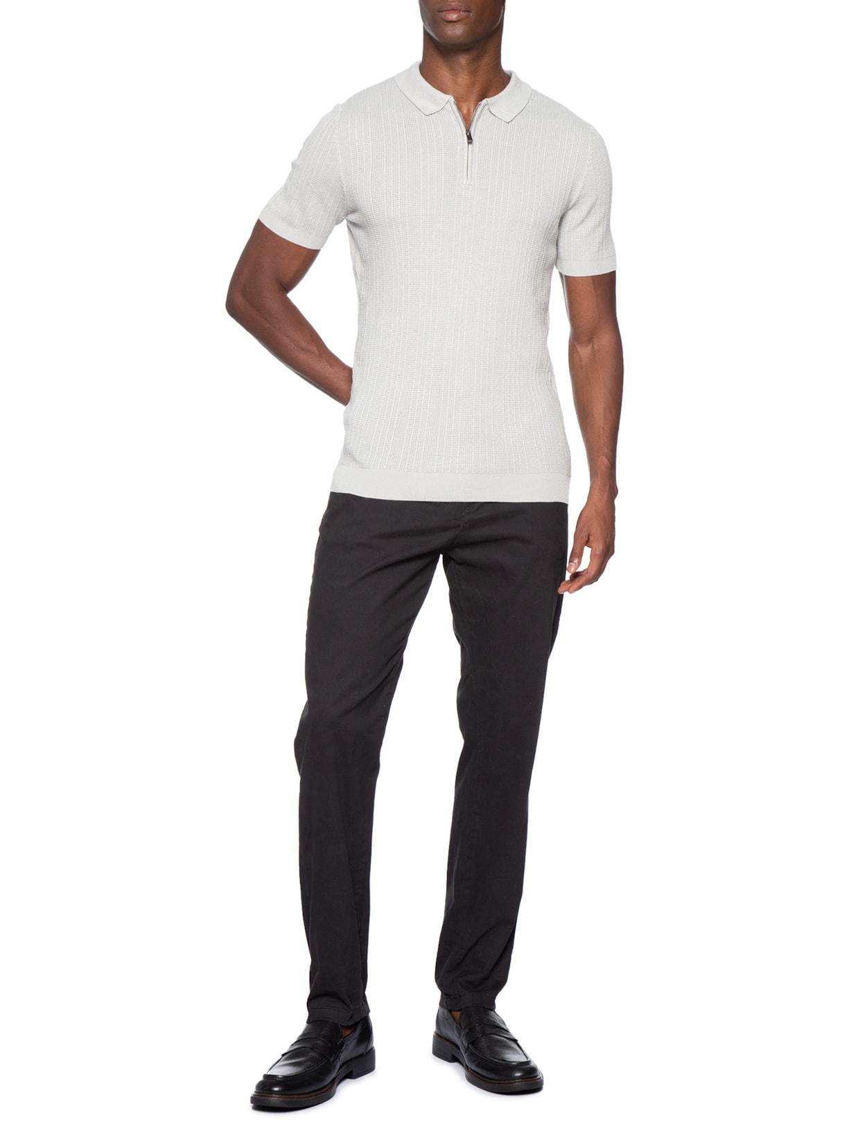 Polo Masculina Em Tricot Com Meio Zíper Cinza '2 Essential