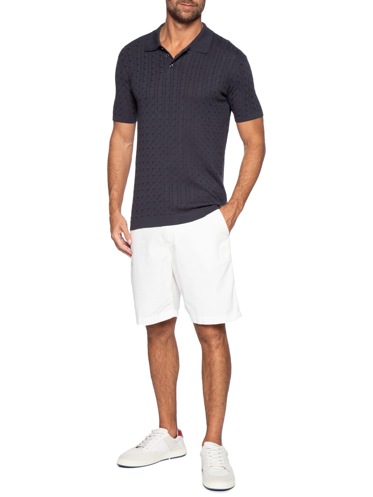 Polo Masculina em Tricot Trançado Azul Pineapple