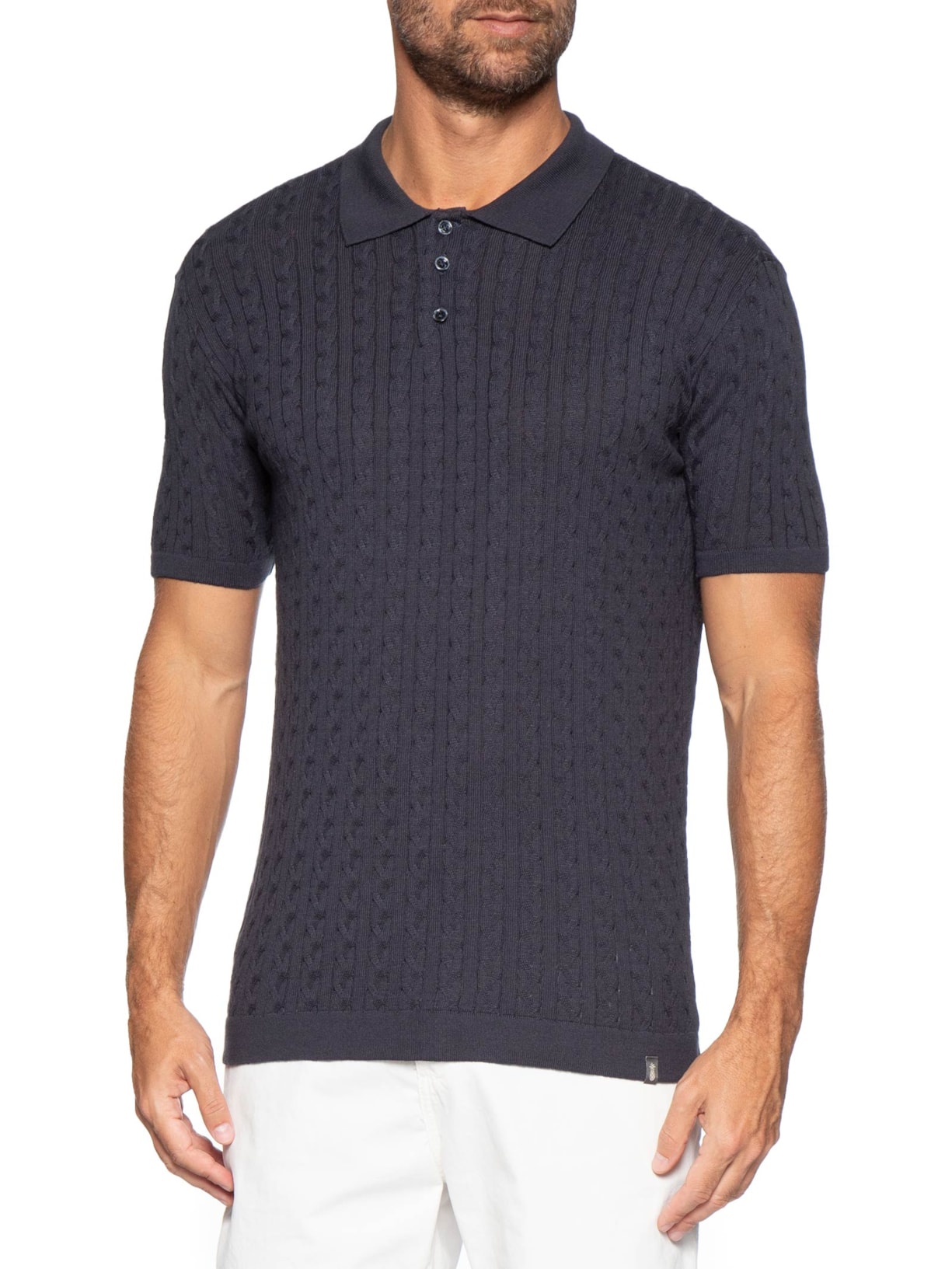 Polo Masculina em Tricot Trançado Azul Pineapple