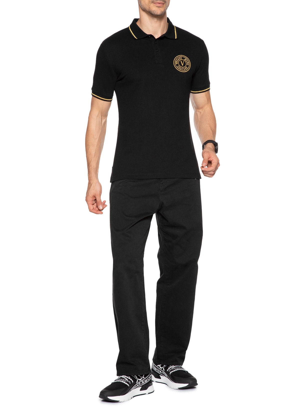 Polo Masculina Embroidered V-Emblem Shirt Preto Versace Jeans Couture