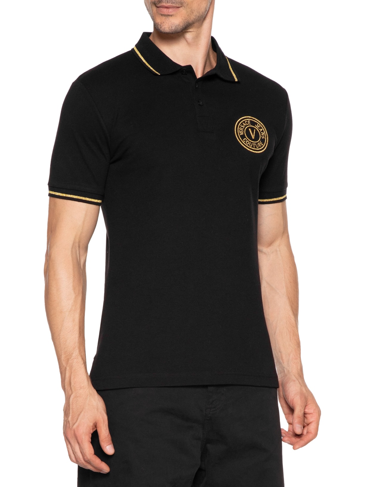Polo Masculina Embroidered V-Emblem Shirt Preto Versace Jeans Couture
