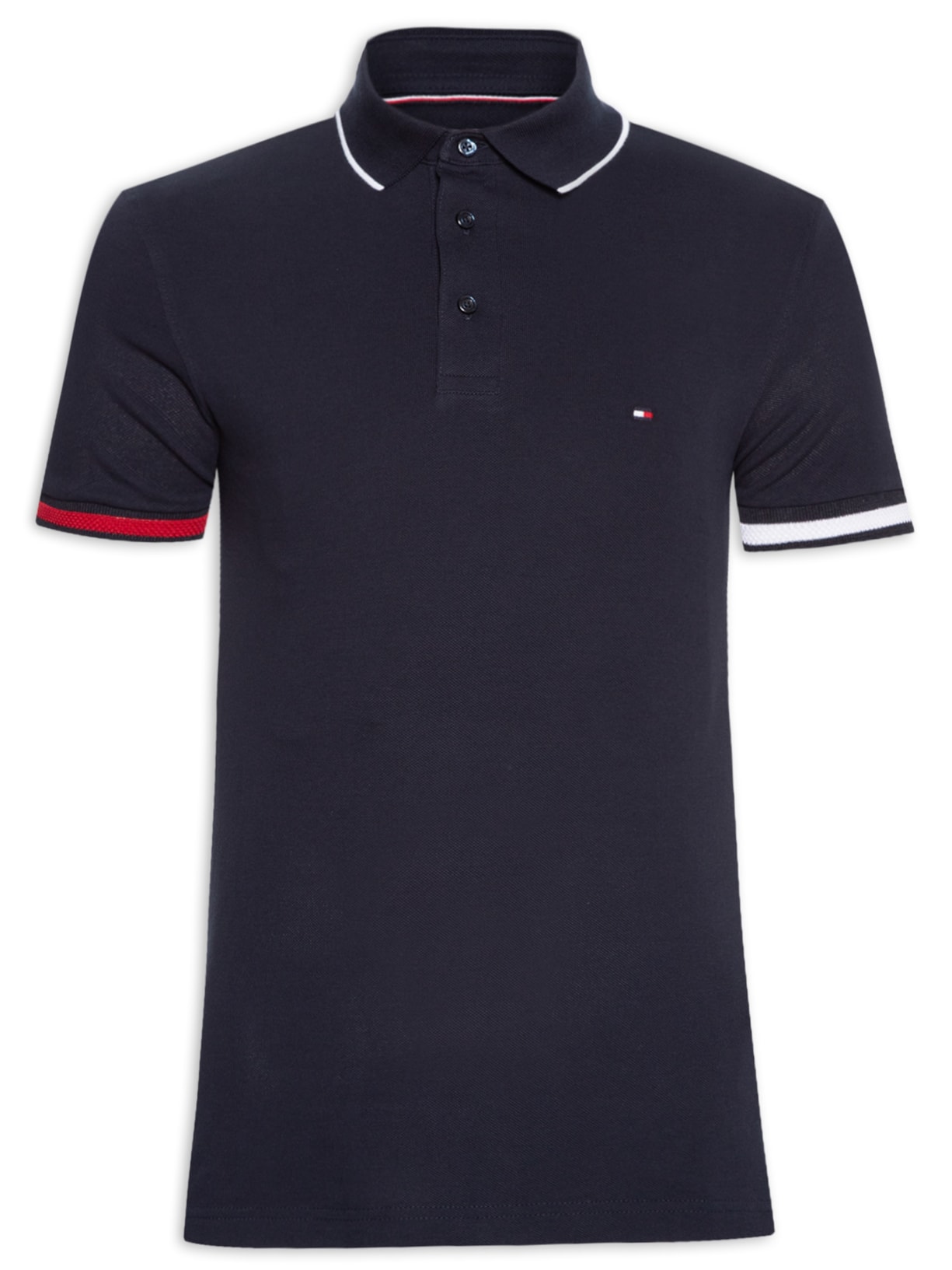 Polo Masculina Flag Cuff Slim Fit Em Algodão Orgânico - Azul