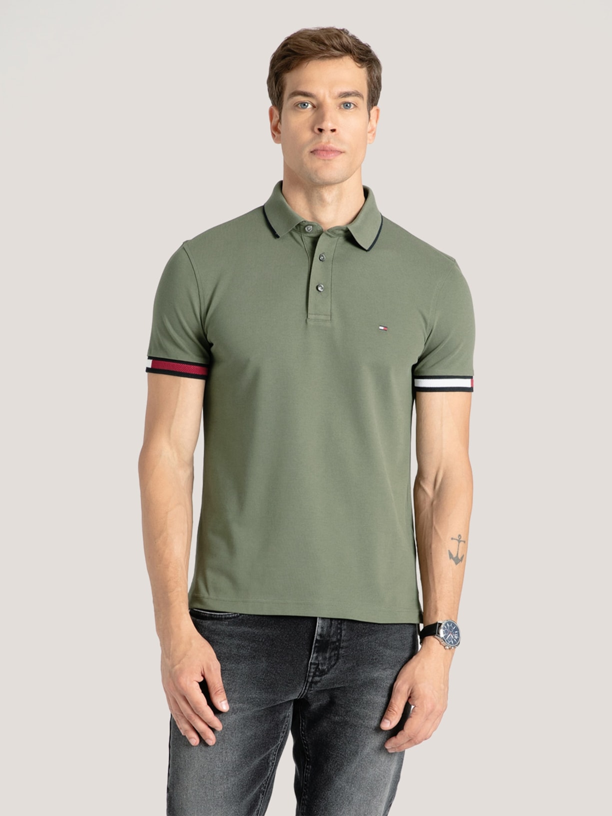 Polo Masculina Flag Cuff Slim Fit Em Algodão Orgânico Verde Tommy Hilfiger