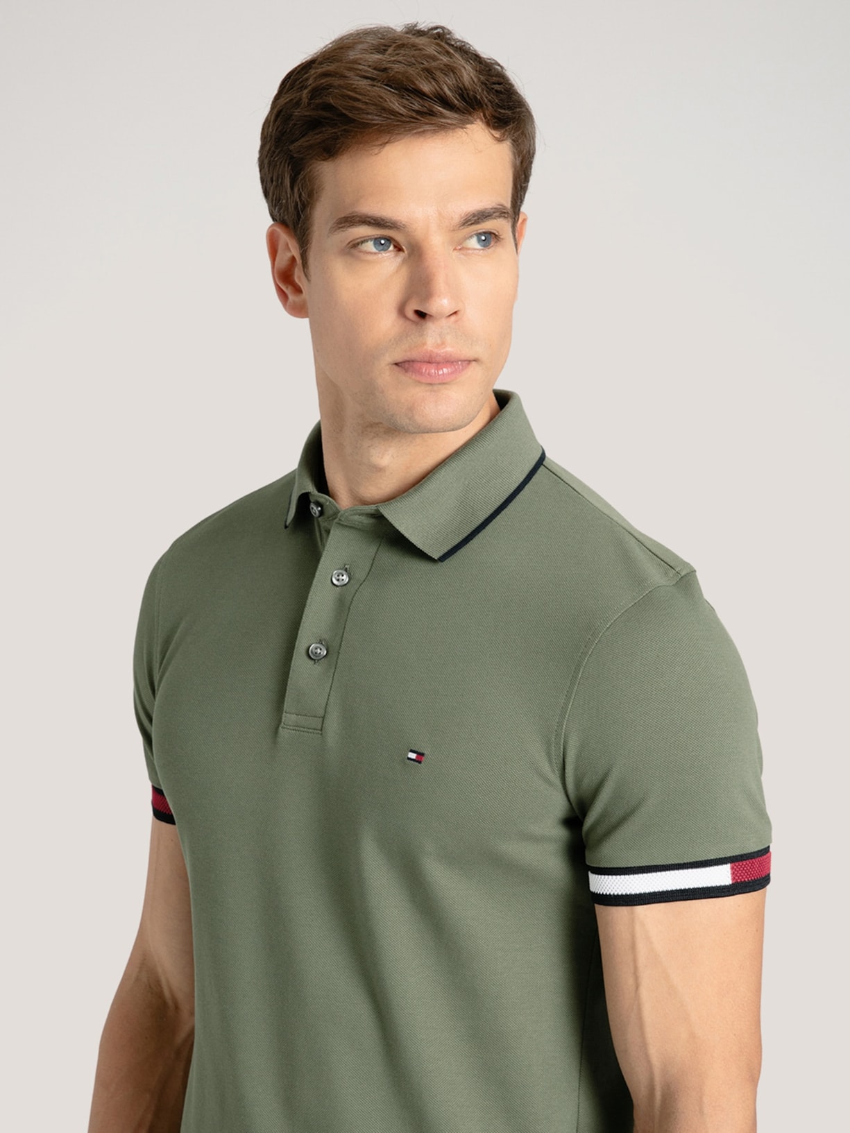 Polo Masculina Flag Cuff Slim Fit Em Algodão Orgânico Verde Tommy Hilfiger