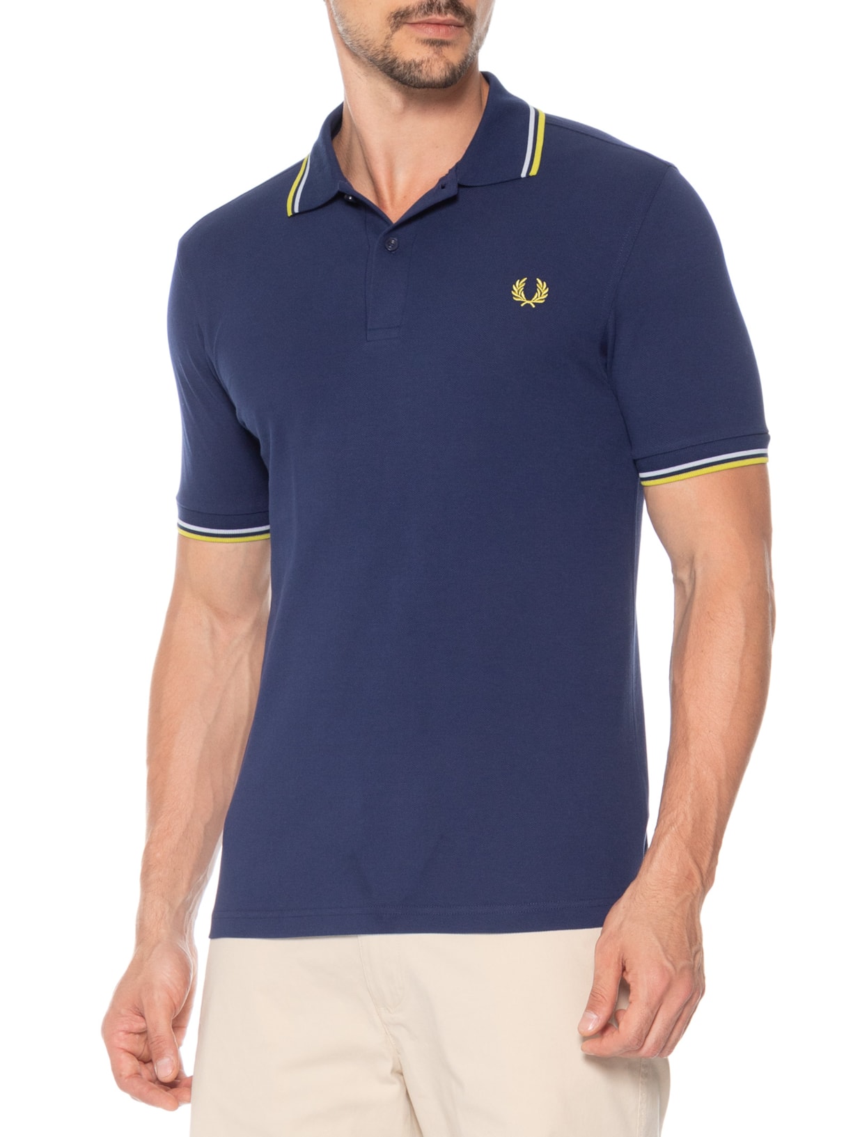 Polo Masculina Friso Duplo Regular Fit Em Piquet De Algodão Azul Fred Perry