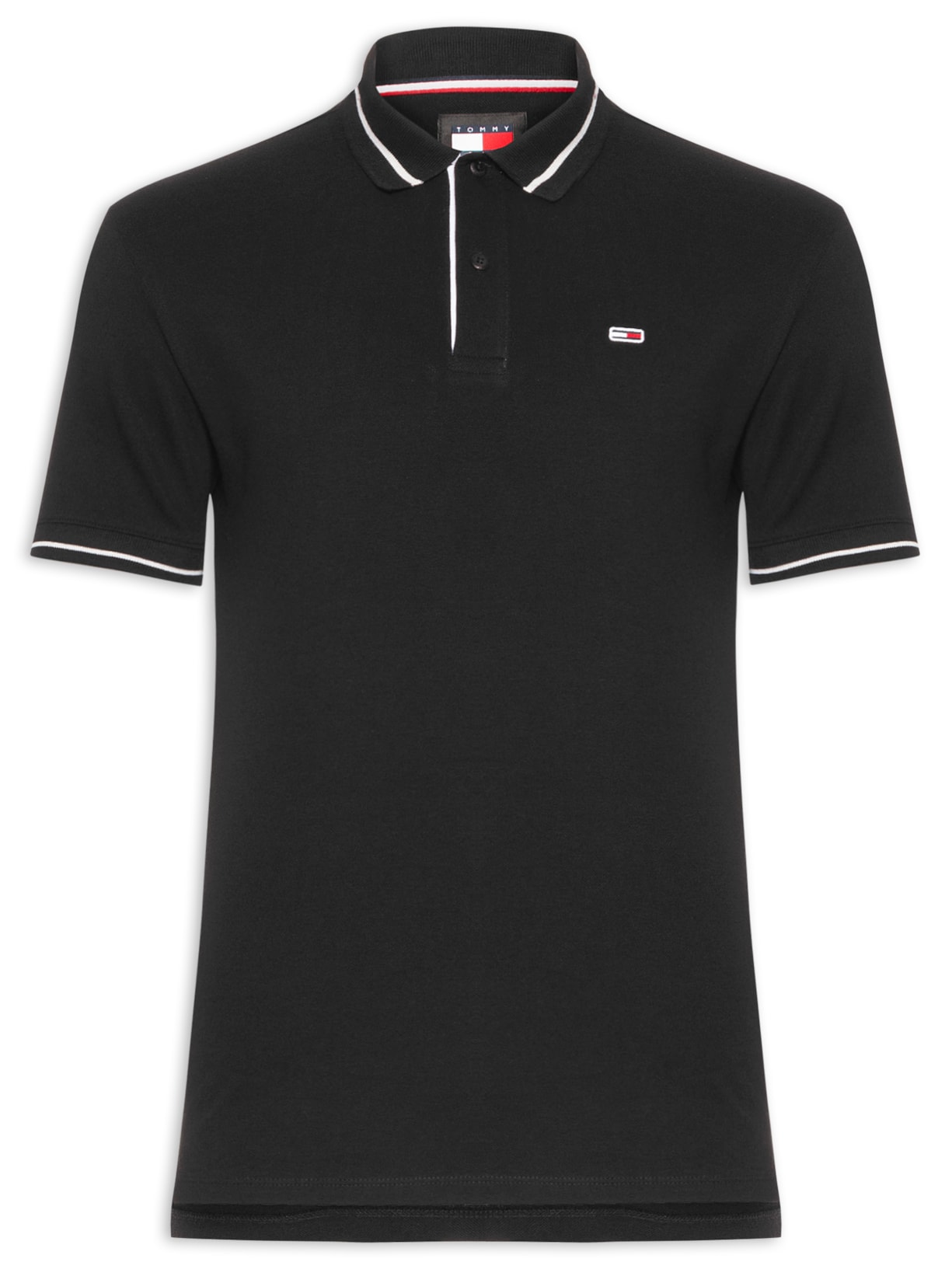 Polo Masculina Friso E Vista Contrastante Regular Fit Em Algodão - Preto