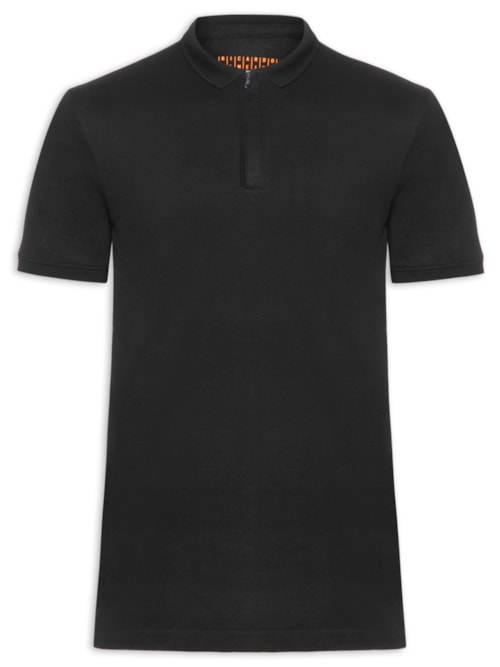 Polo Masculina Gola Estreita com Zíper em Piquet – Preto