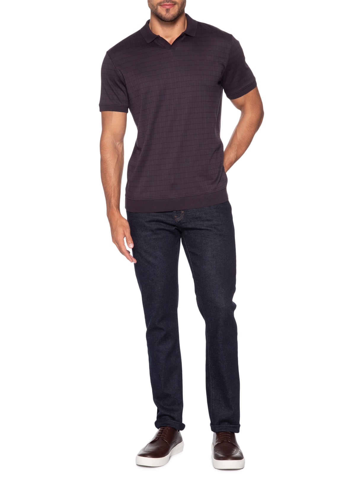 Polo Masculina Jacquard Gola V Interlock Roxo Ricardo Almeida