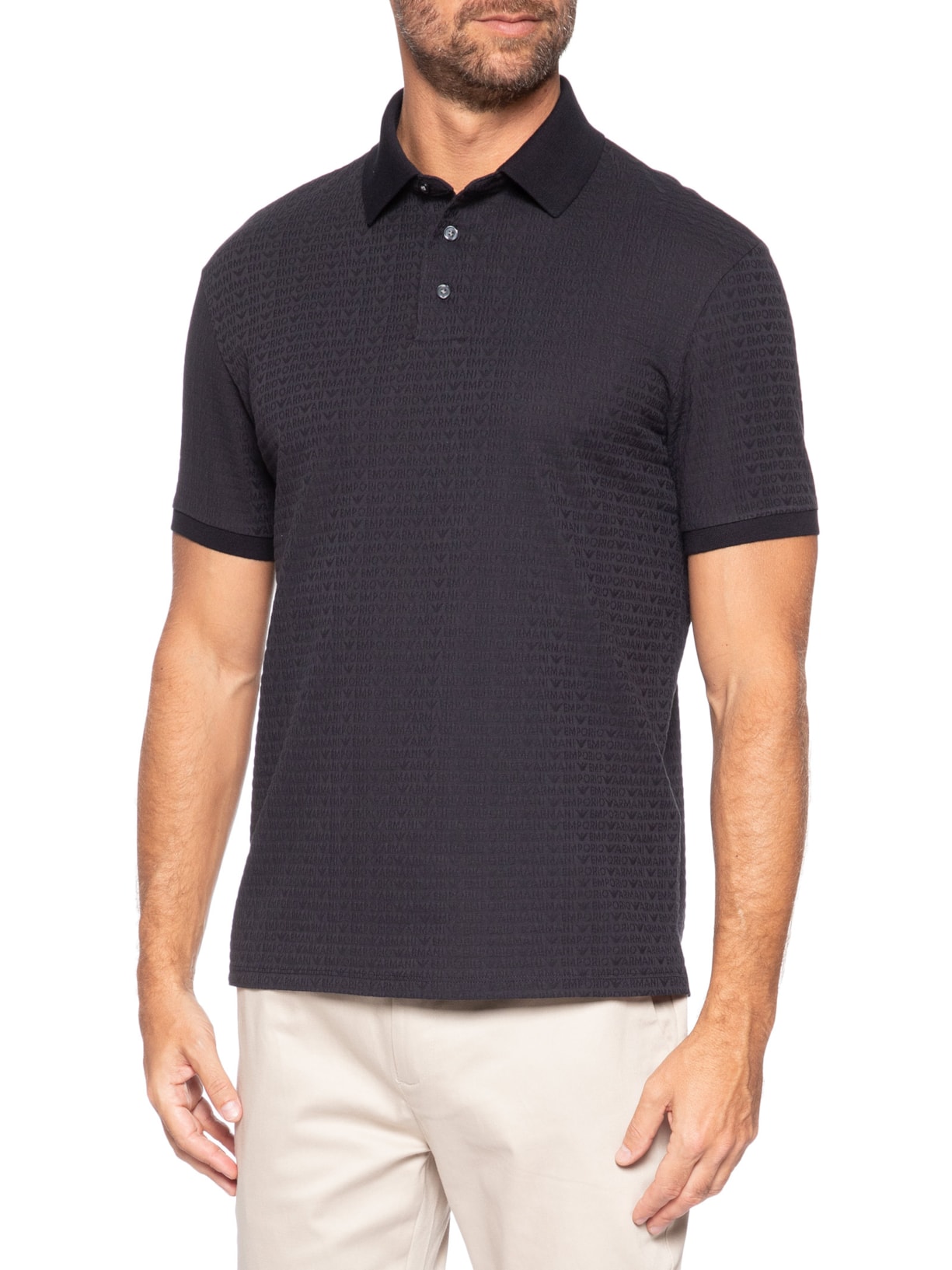Pólo Masculina Jersey All-Over Jacquard Lettering Azul Emporio Armani