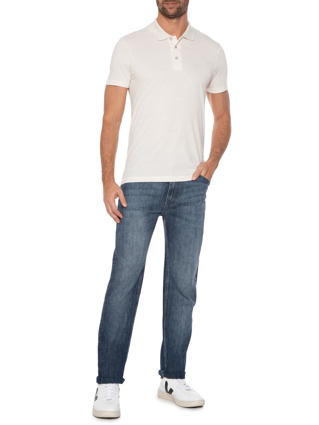 Polo Masculina Linen Basic Bege Richards