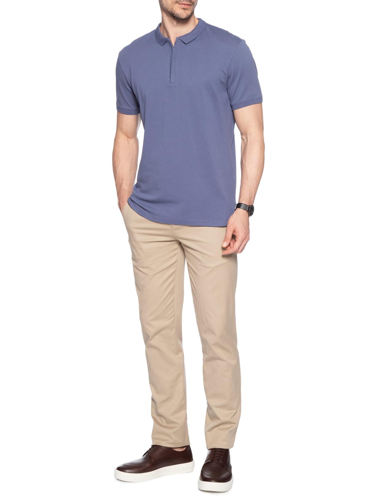 Polo Masculina Lisa Piquet Zíper Gola Estreita Algodão Pima Azul Ricardo Almeida