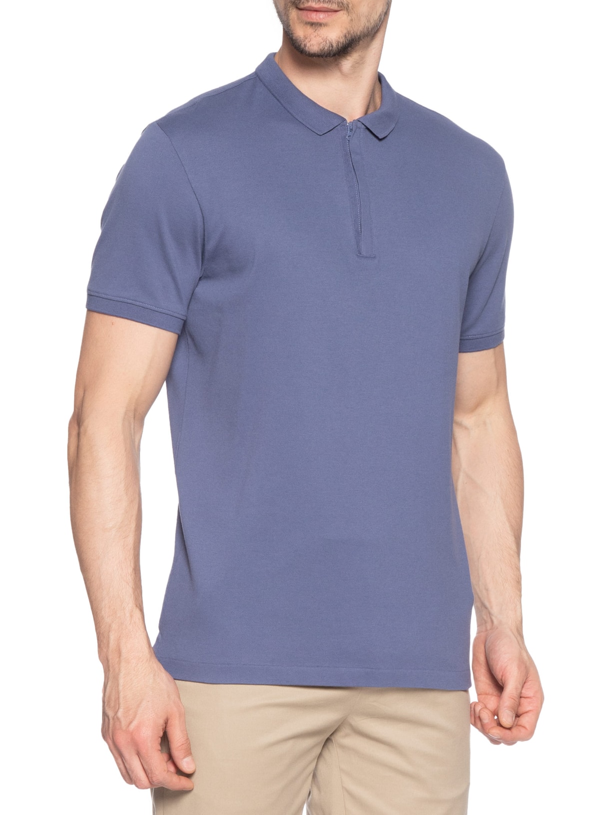Polo Masculina Lisa Piquet Zíper Gola Estreita Algodão Pima Azul Ricardo Almeida