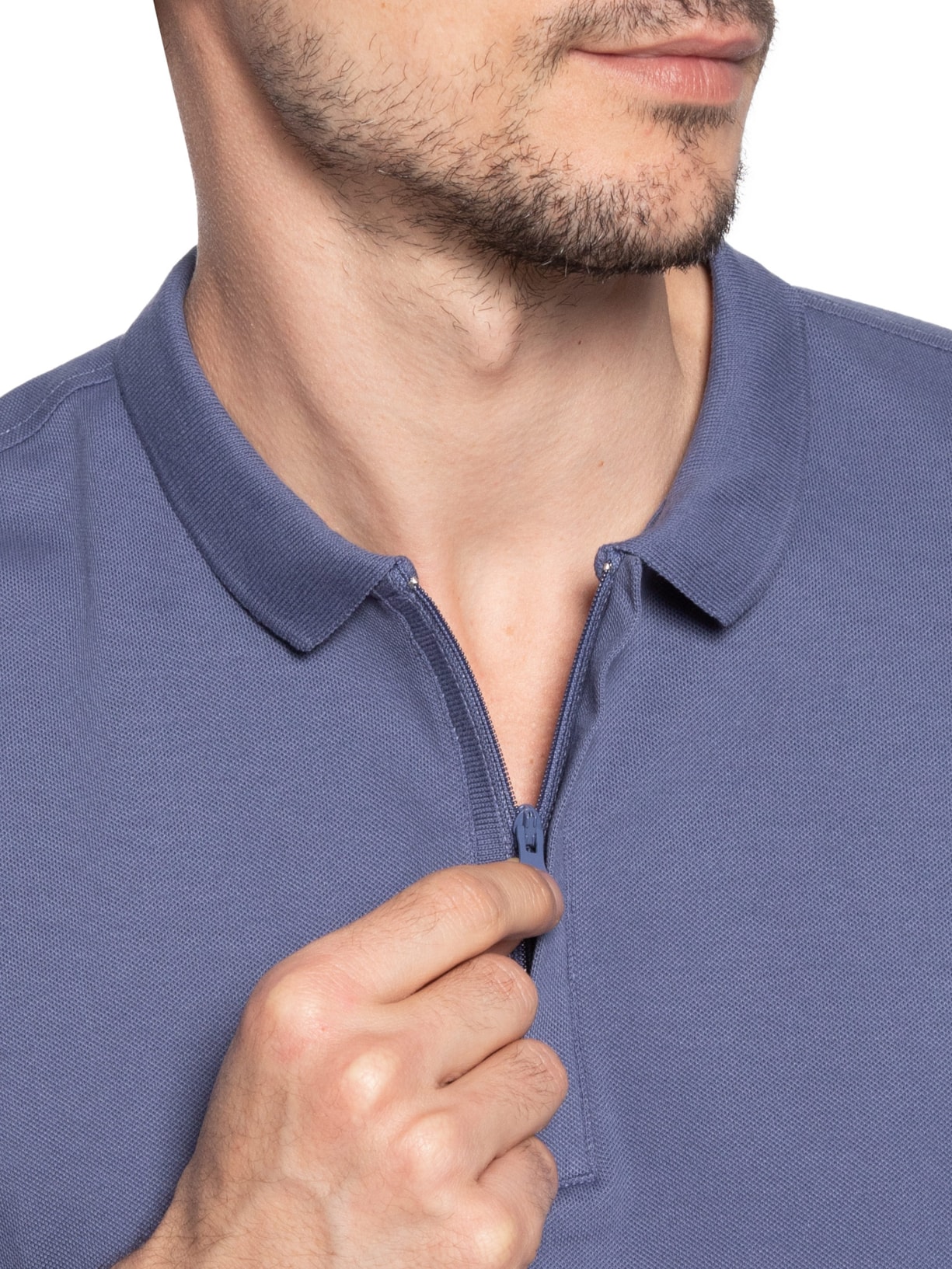 Polo Masculina Lisa Piquet Zíper Gola Estreita Algodão Pima Azul Ricardo Almeida