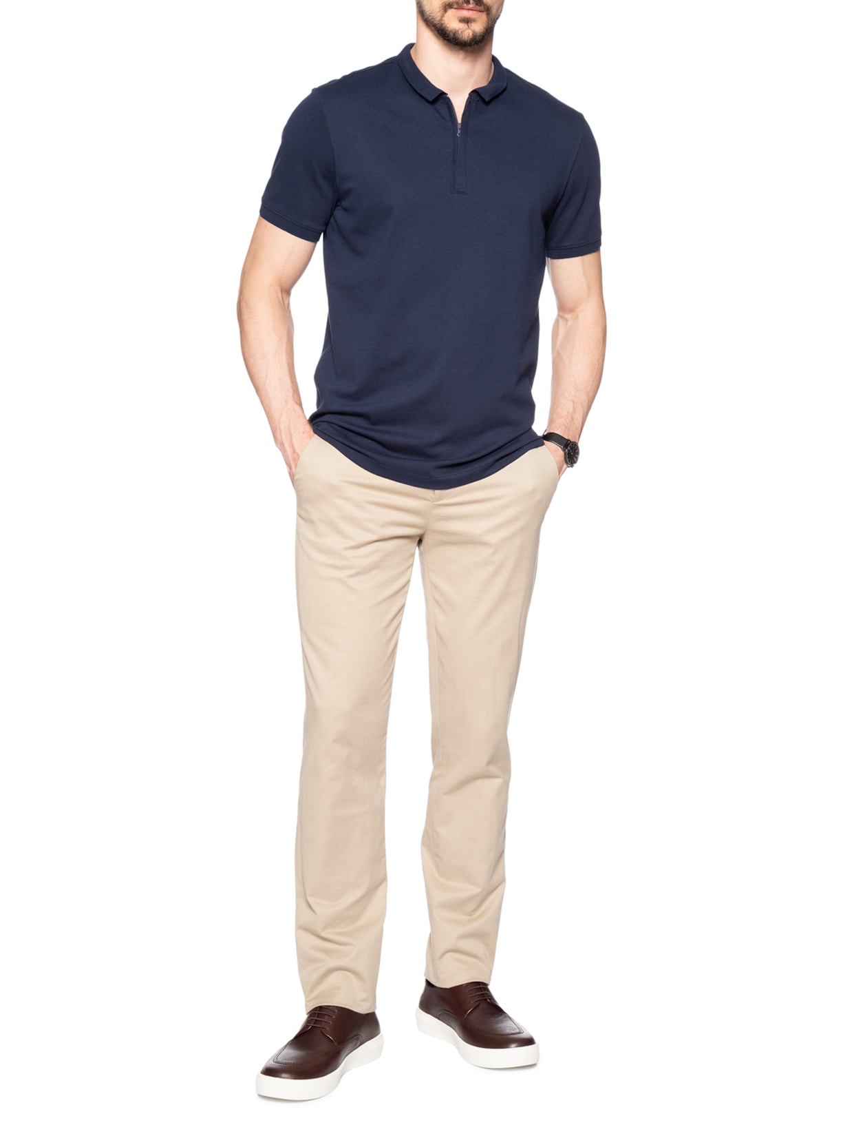 Polo Masculina Lisa Piquet Zíper Gola Estreita Algodão Pima Azul Ricardo Almeida