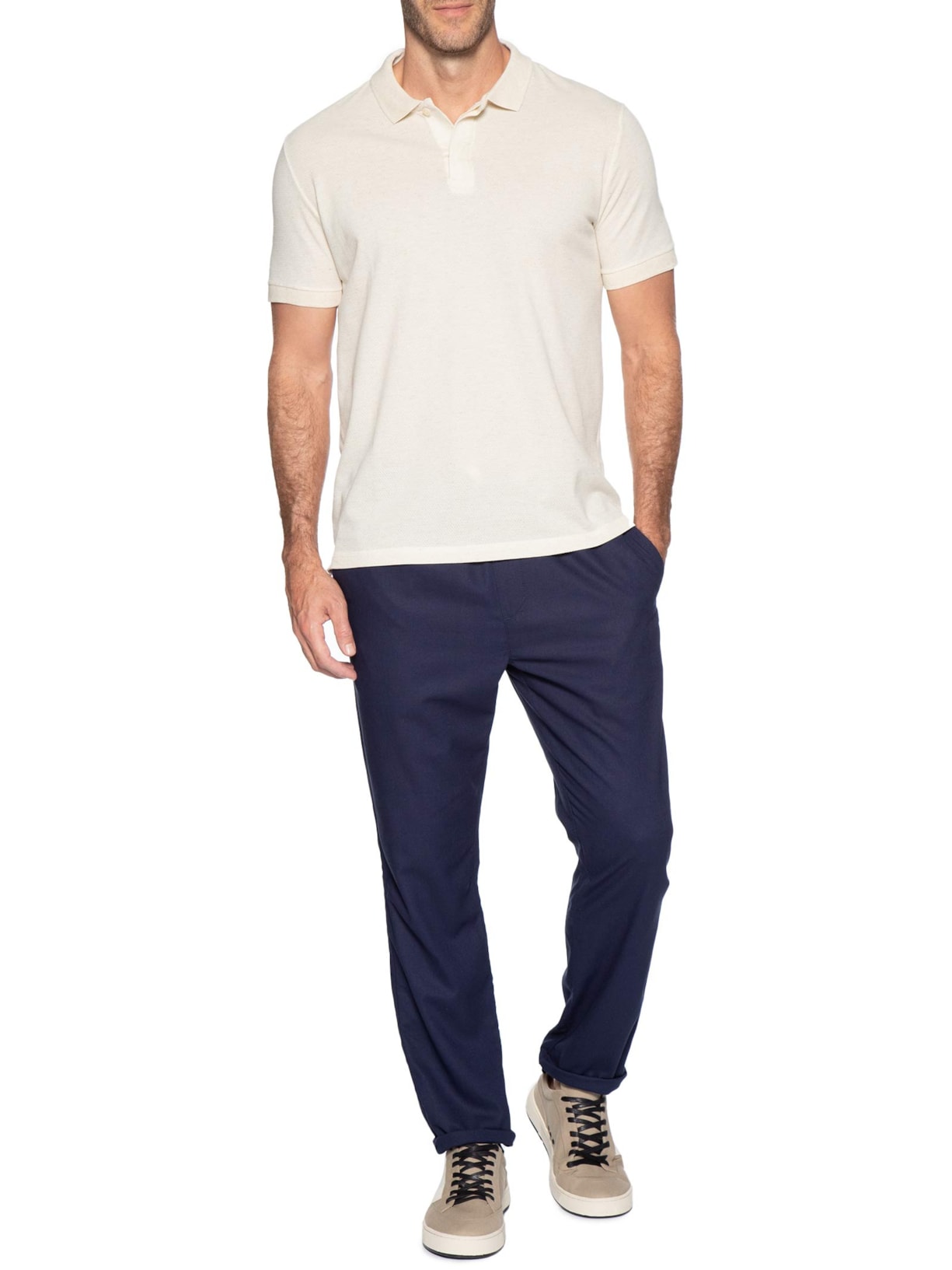 Polo Masculina Malha Favo Linho Off White Reserva