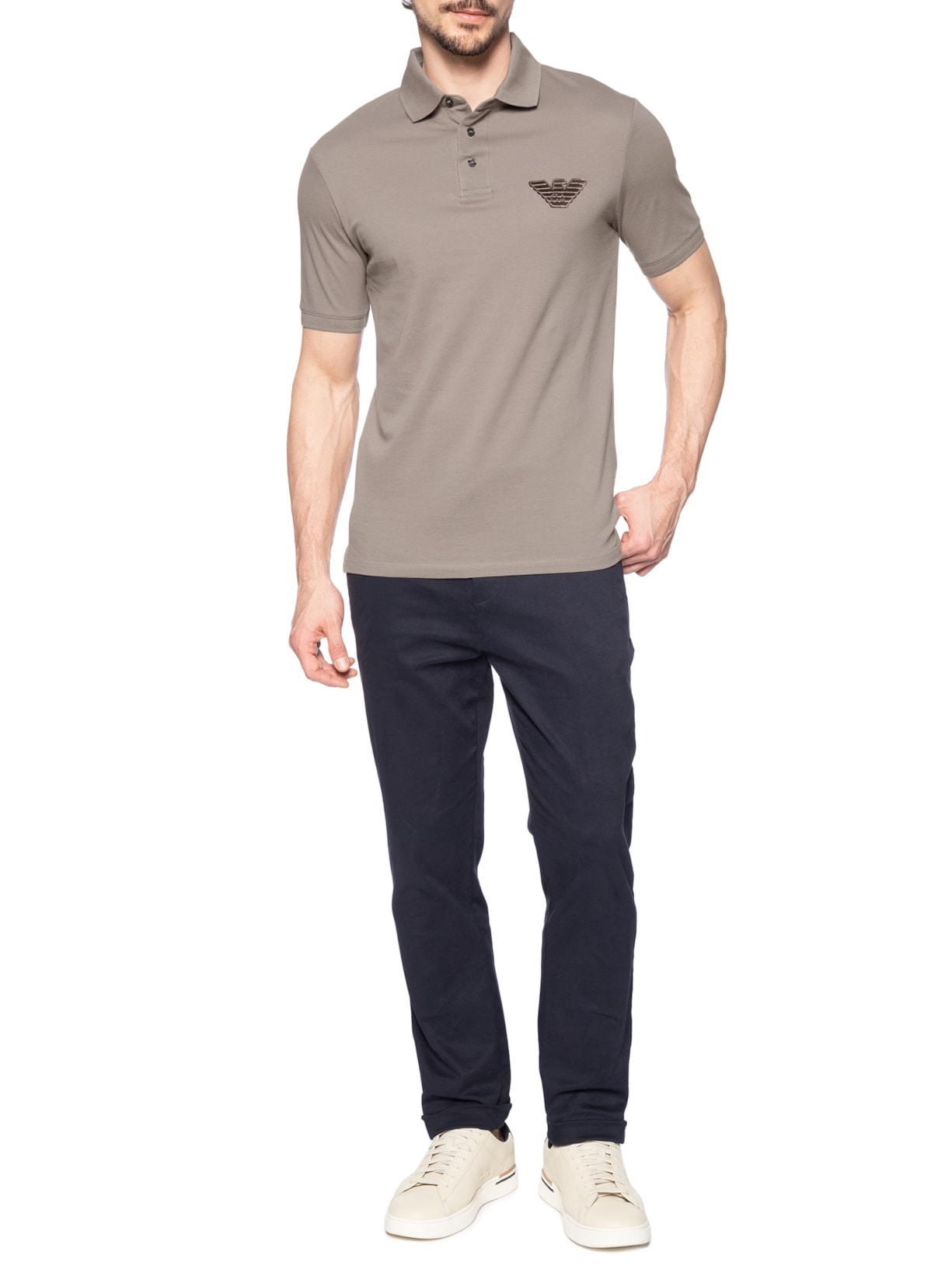 Polo Masculina Manga Curta Aguia EA Bordado Bege Emporio Armani