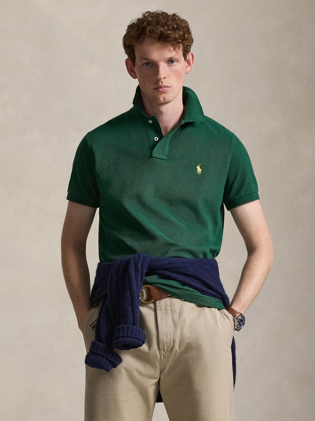 Polo Masculina Manga Curta Basic Mesh Logo Bordado Verde Polo Ralph Lauren