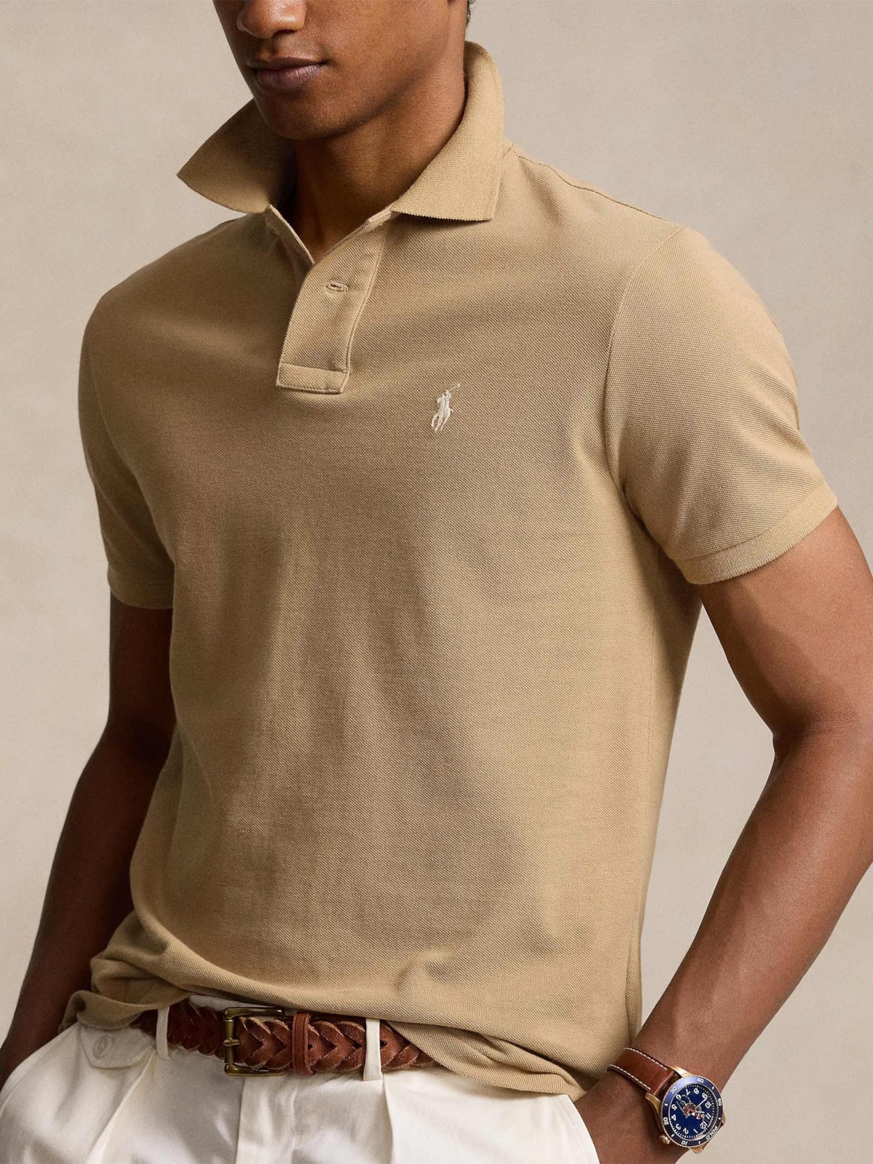 Polo Masculina Manga Curta Classic Logo Bordado Bege Polo Ralph Lauren