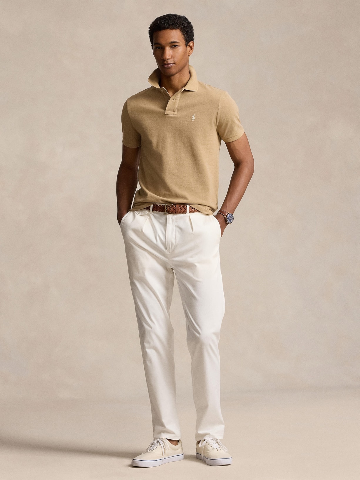Polo Masculina Manga Curta Classic Logo Bordado Bege Polo Ralph Lauren