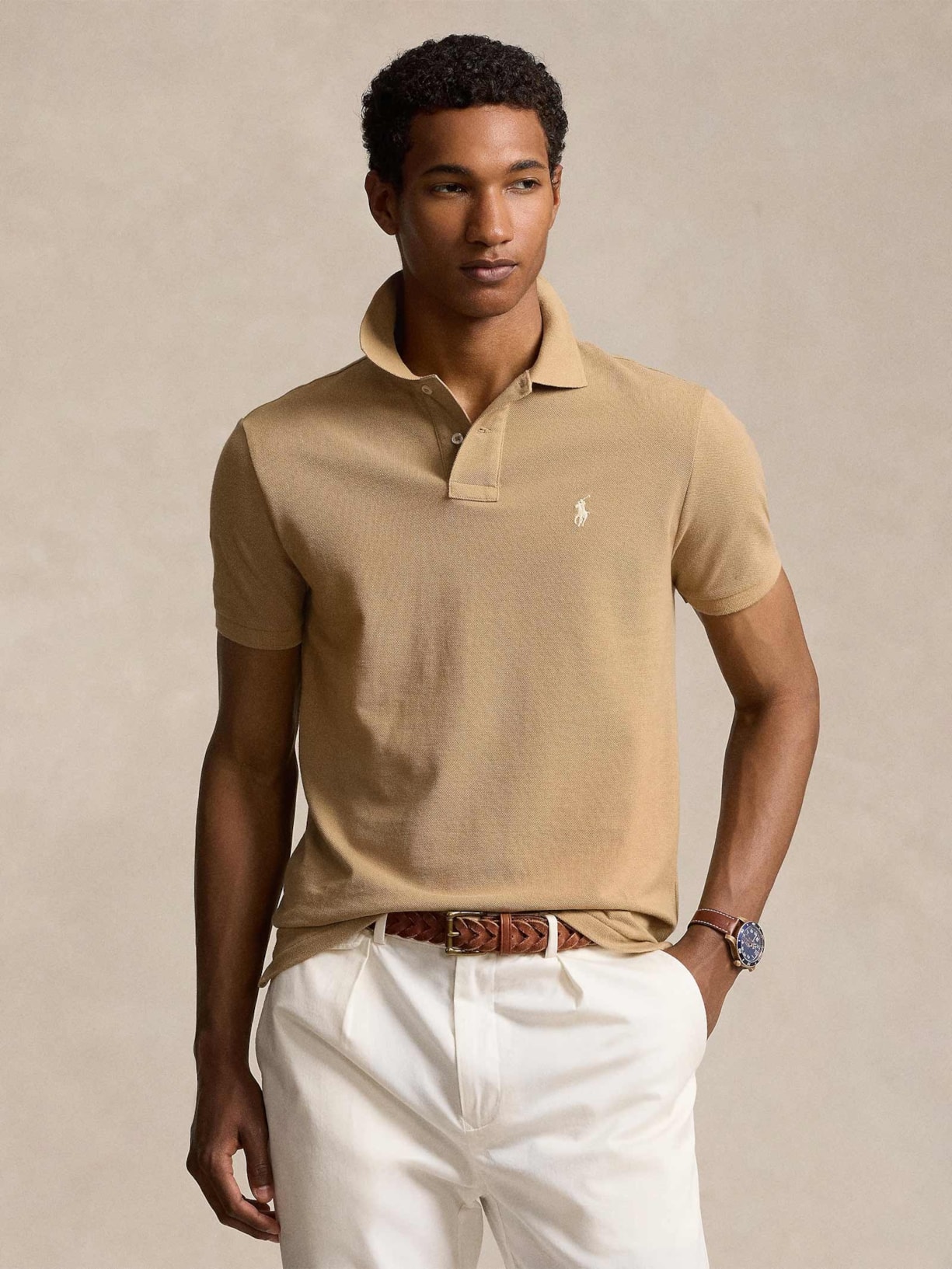 Polo Masculina Manga Curta Classic Logo Bordado Bege Polo Ralph Lauren