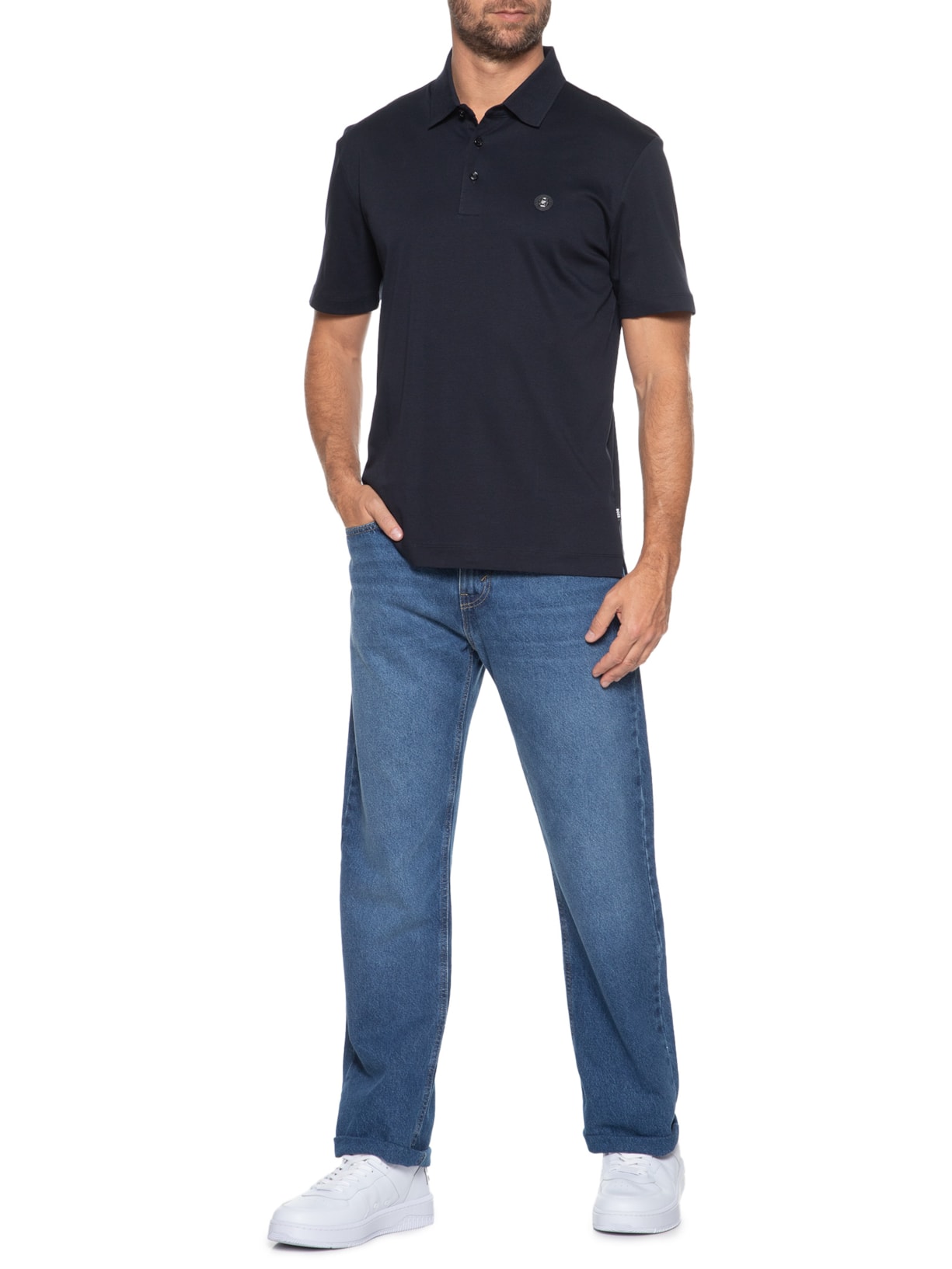 Polo Masculina Manga Curta com Aplique C-Parris Azul Boss