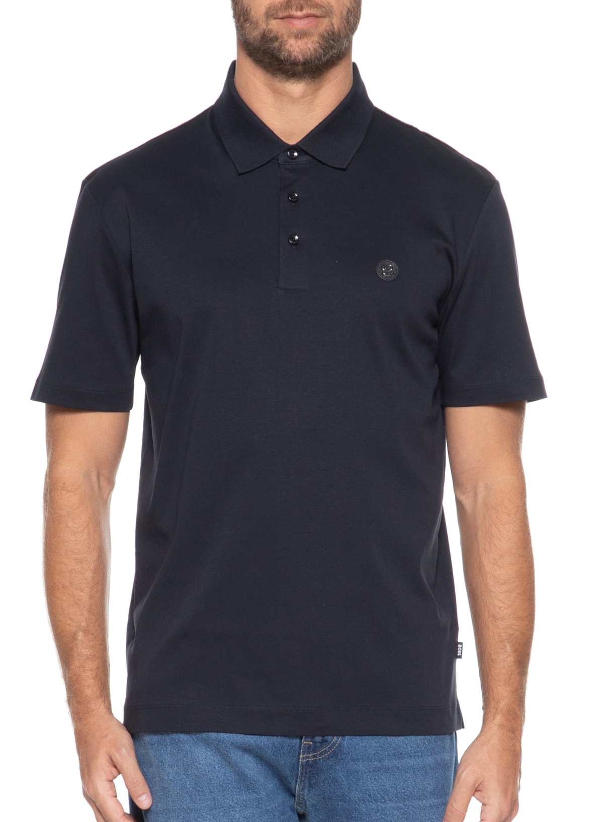 Polo Masculina Manga Curta com Aplique C-Parris Azul Boss
