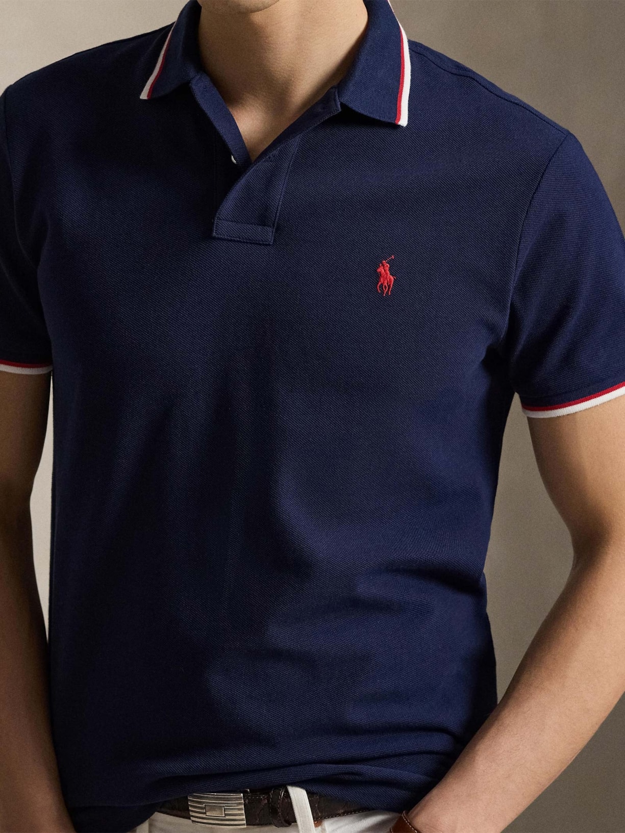 Polo Masculina Manga Curta Com Friso Azul Polo Ralph Lauren
