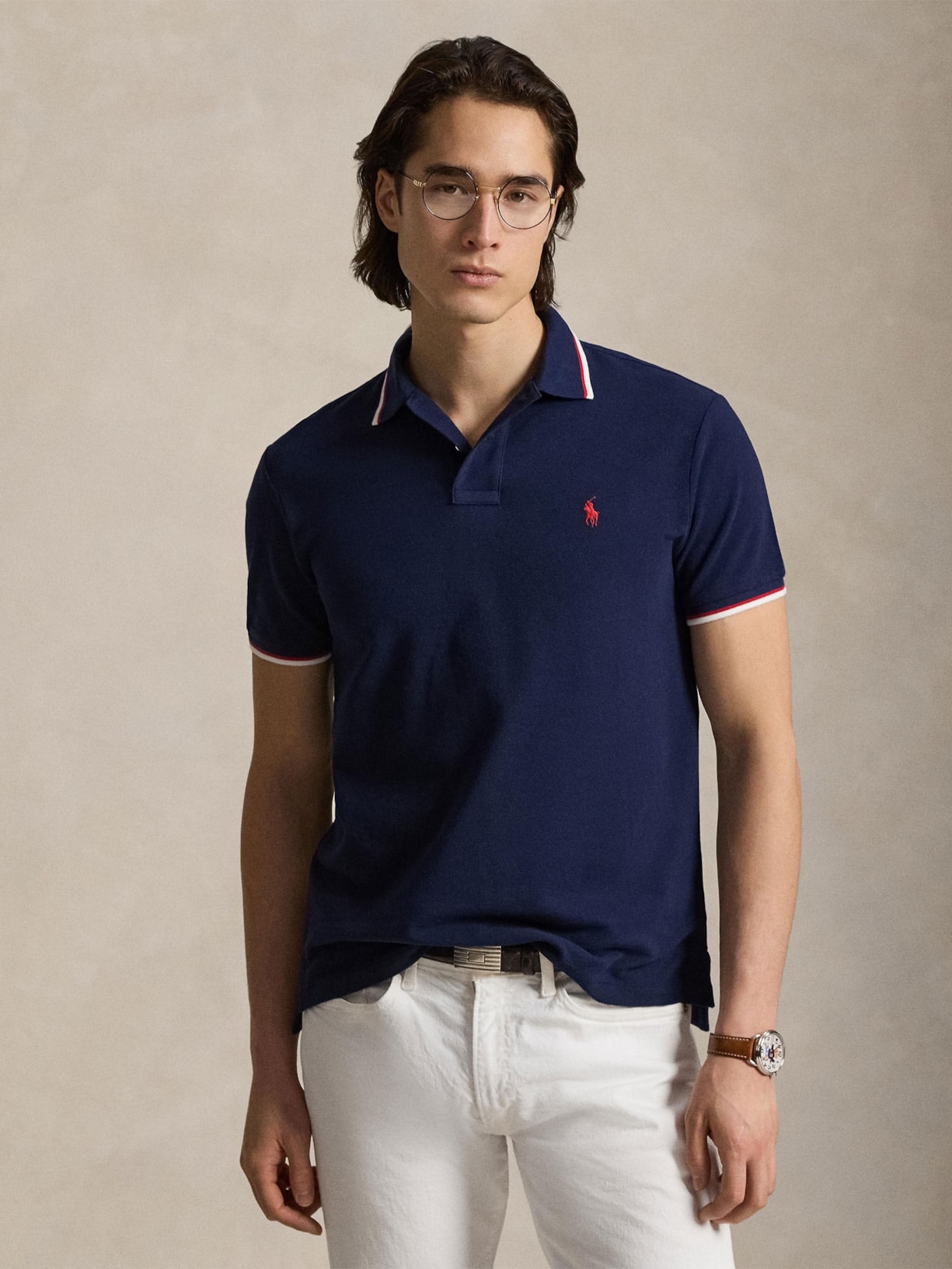 Polo Masculina Manga Curta Com Friso Azul Polo Ralph Lauren