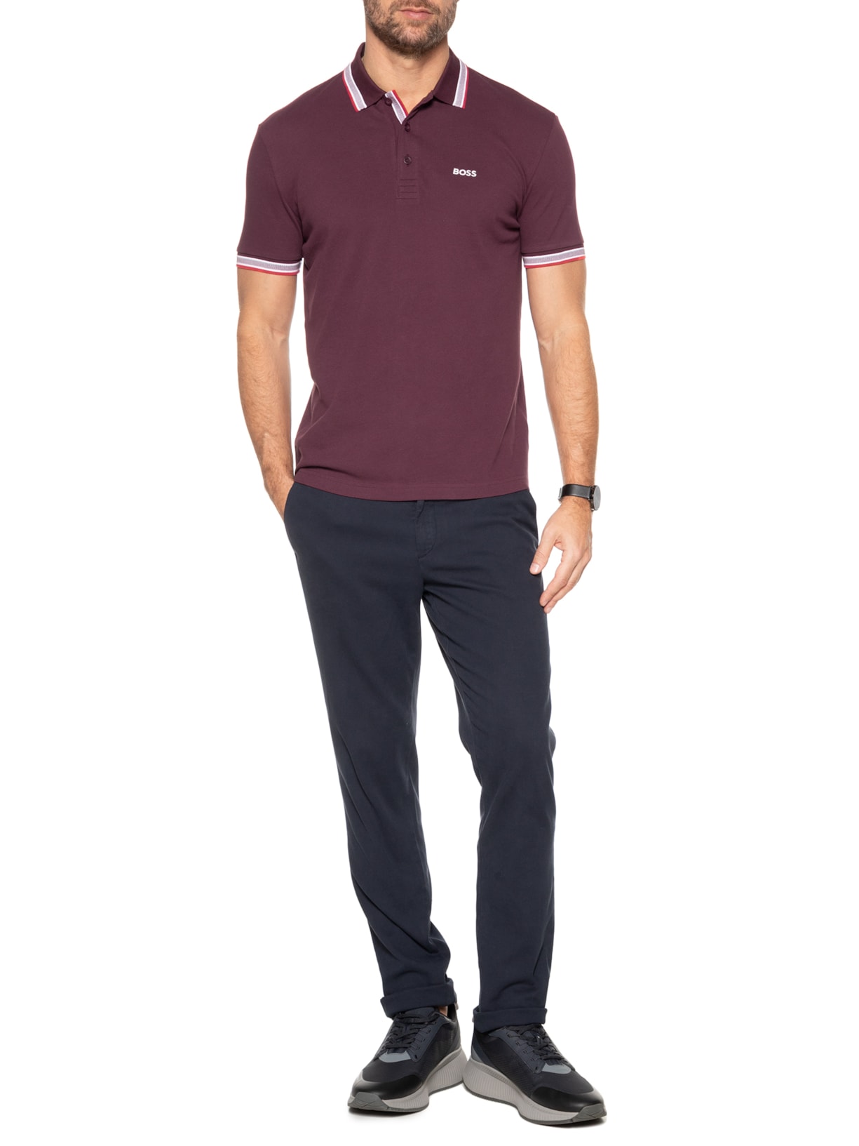 Polo Masculina Manga Curta com Friso Paddy Vinho Boss