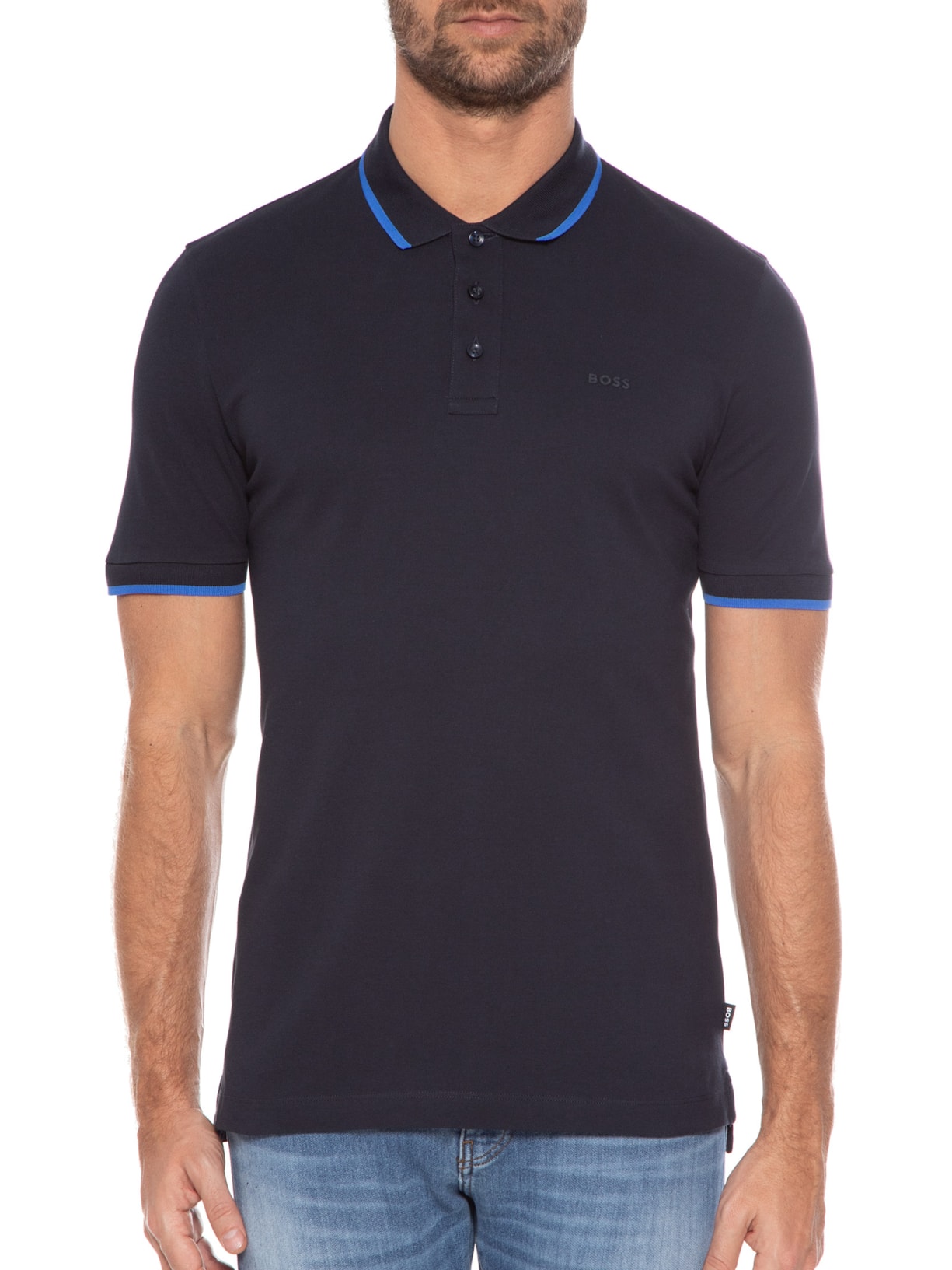 Polo Masculina Manga Curta com Friso Parlay Azul Boss