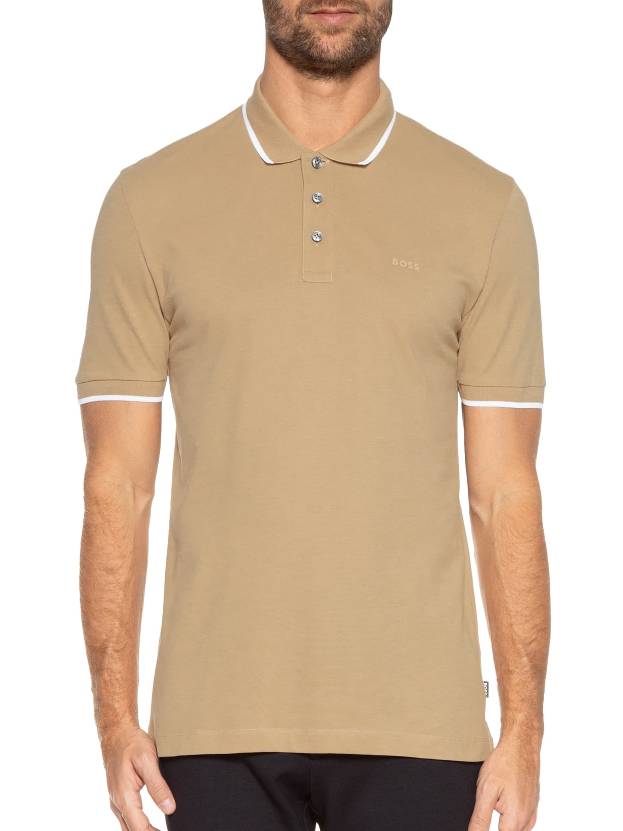 Polo Masculina Manga Curta com Friso Parlay Bege Boss