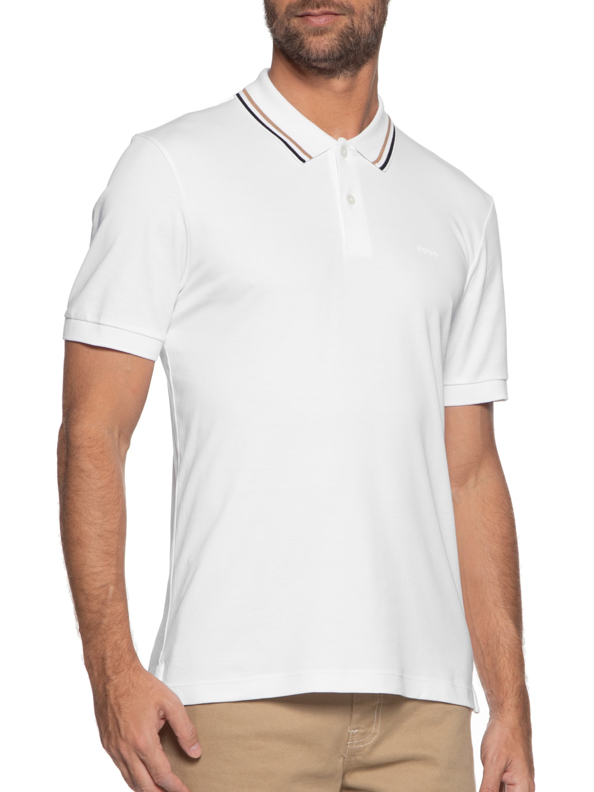 Polo Masculina Manga Curta com Friso Parlay Branco Boss