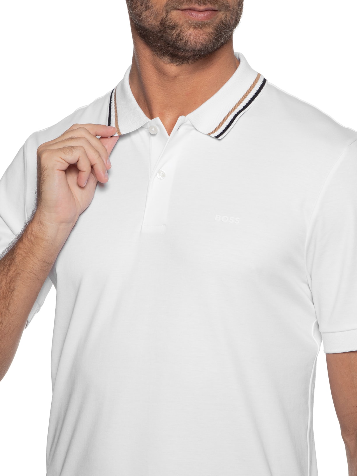 Polo Masculina Manga Curta com Friso Parlay Branco Boss