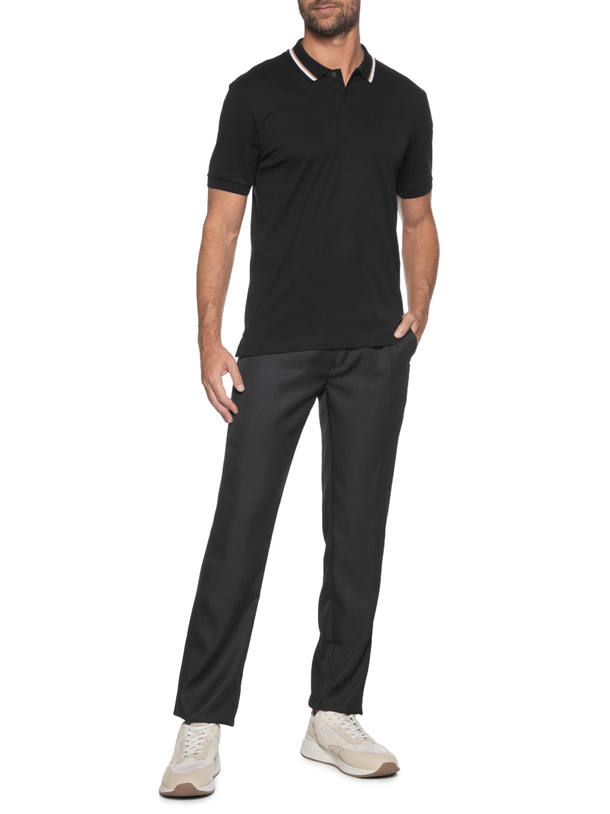 Polo Masculina Manga Curta com Friso Penrose Preto Boss