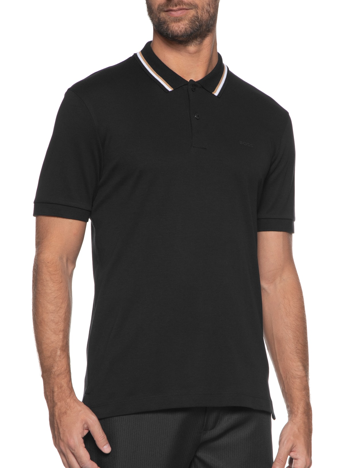 Polo Masculina Manga Curta com Friso Penrose Preto Boss