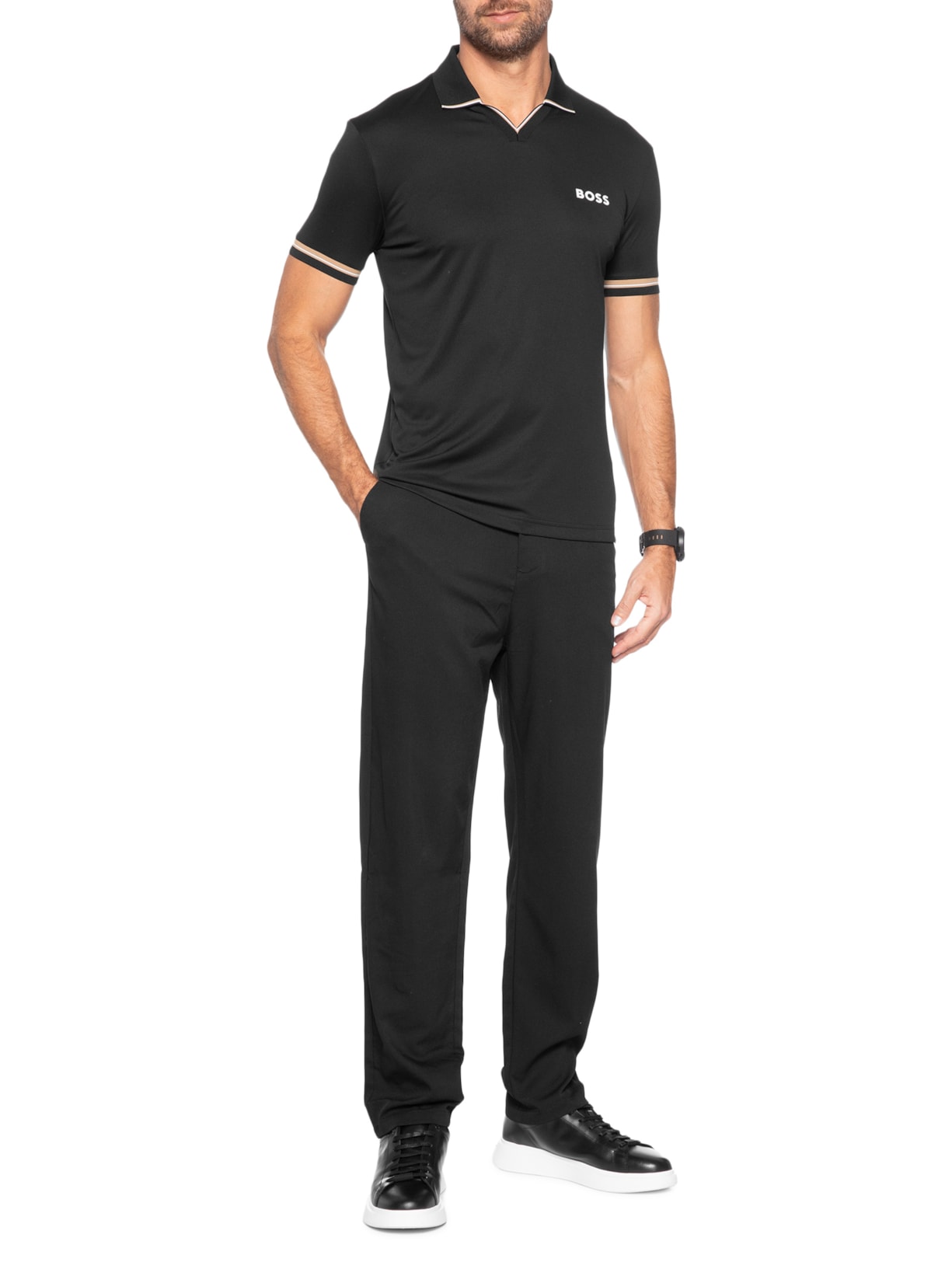 Polo Masculina Manga Curta Com Friso  Preto Boss